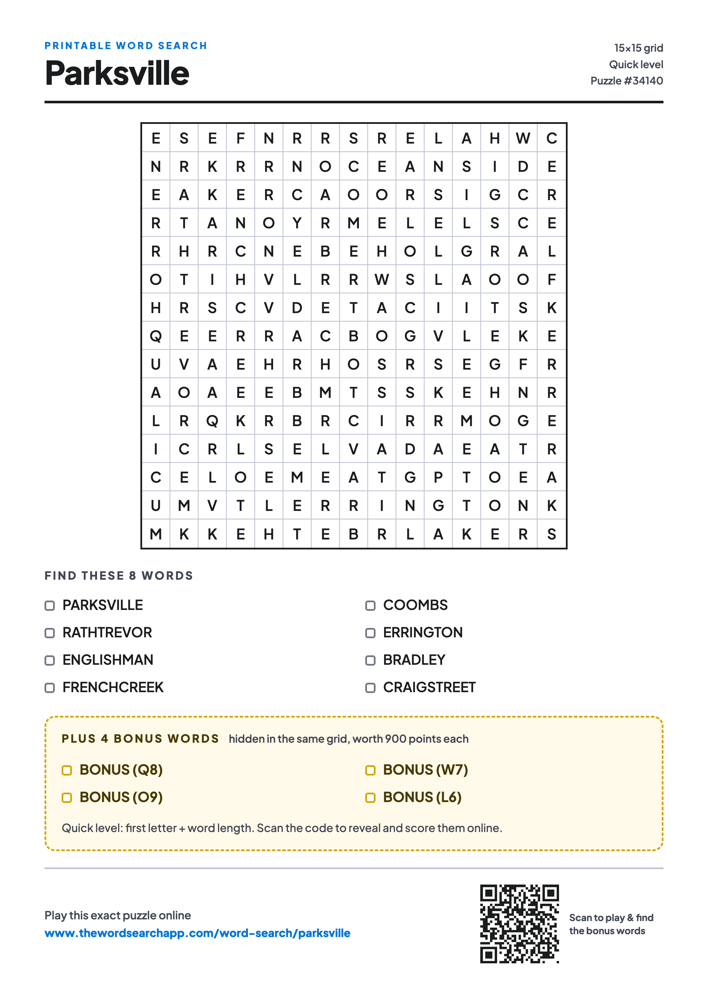 Printable Parksville word search — 15×15 letter grid with 8 words to find including PARKSVILLE, RATHTREVOR, ENGLISHMAN, plus 4 hidden bonus words