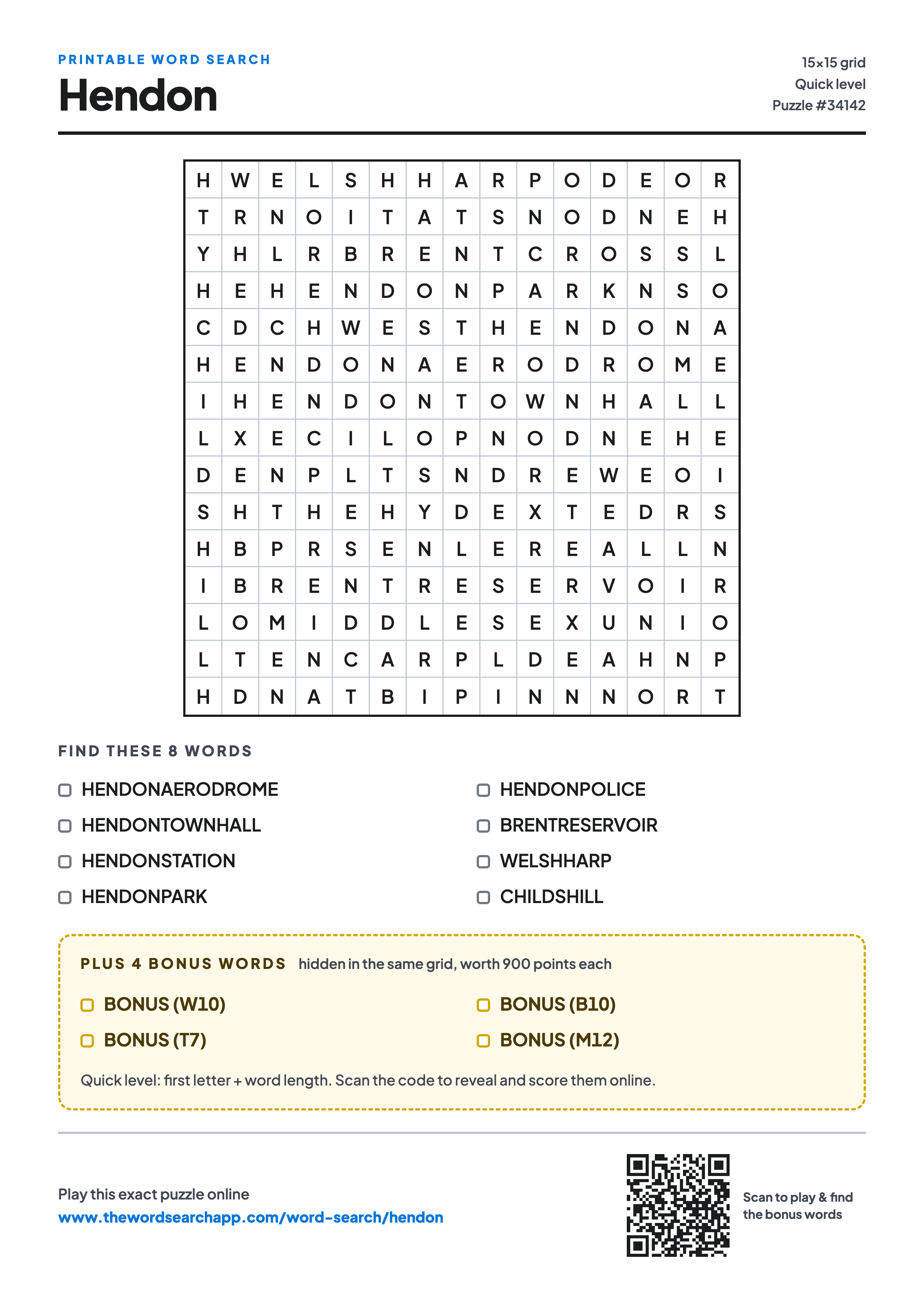 Printable Hendon word search — 15×15 letter grid with 8 words to find including HENDONAERODROME, HENDONTOWNHALL, HENDONSTATION, plus 4 hidden bonus words