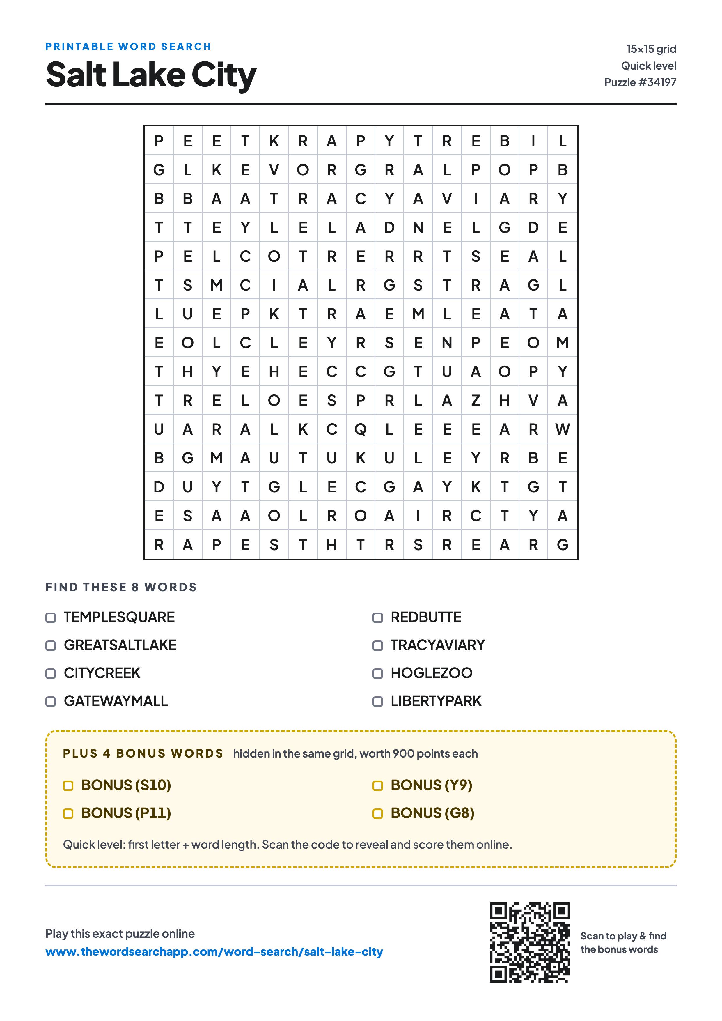 Printable Salt Lake City word search — 15×15 letter grid with 8 words to find including TEMPLESQUARE, GREATSALTLAKE, CITYCREEK, plus 4 hidden bonus words