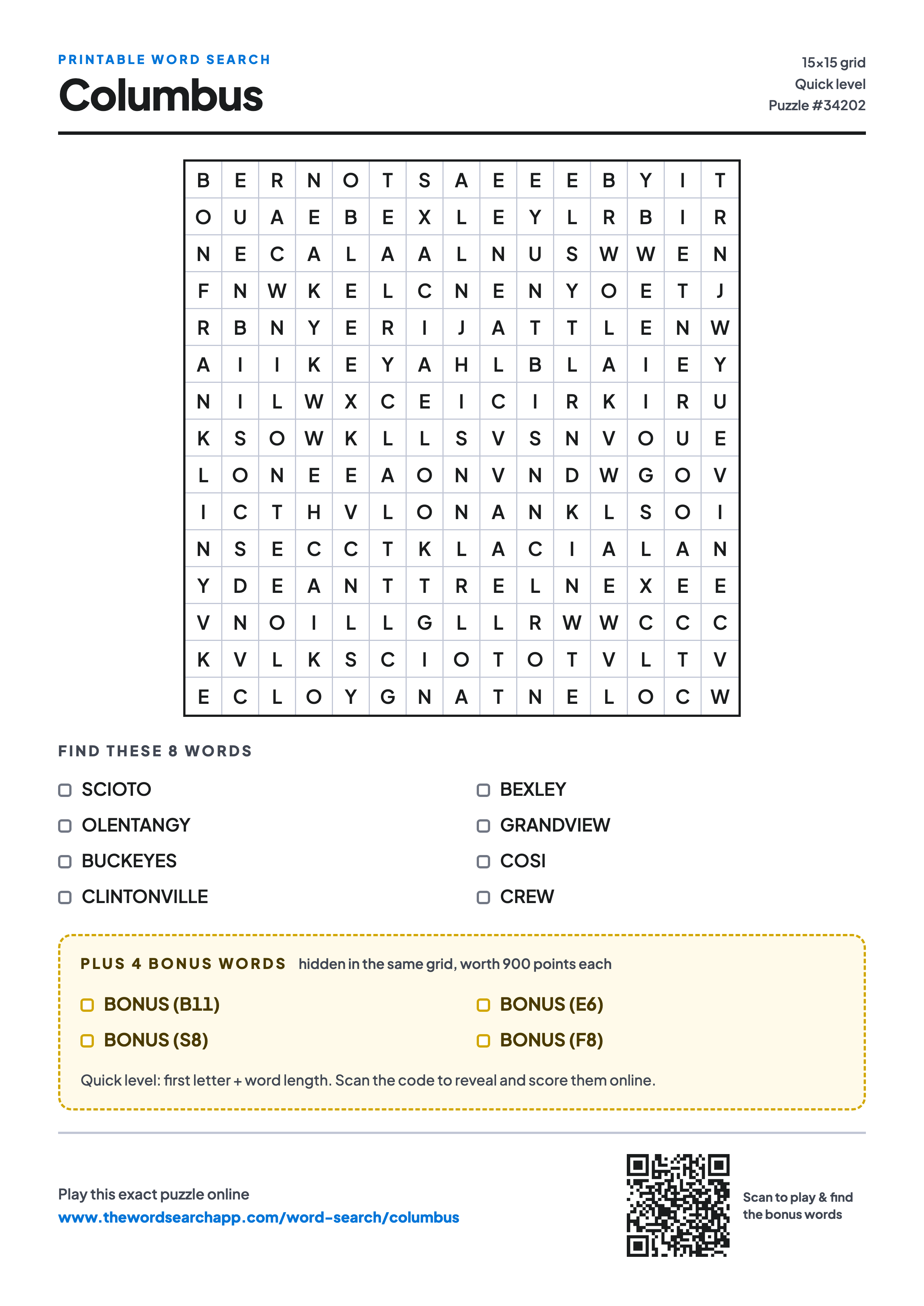 Printable Columbus word search — 15×15 letter grid with 8 words to find including SCIOTO, OLENTANGY, BUCKEYES, plus 4 hidden bonus words