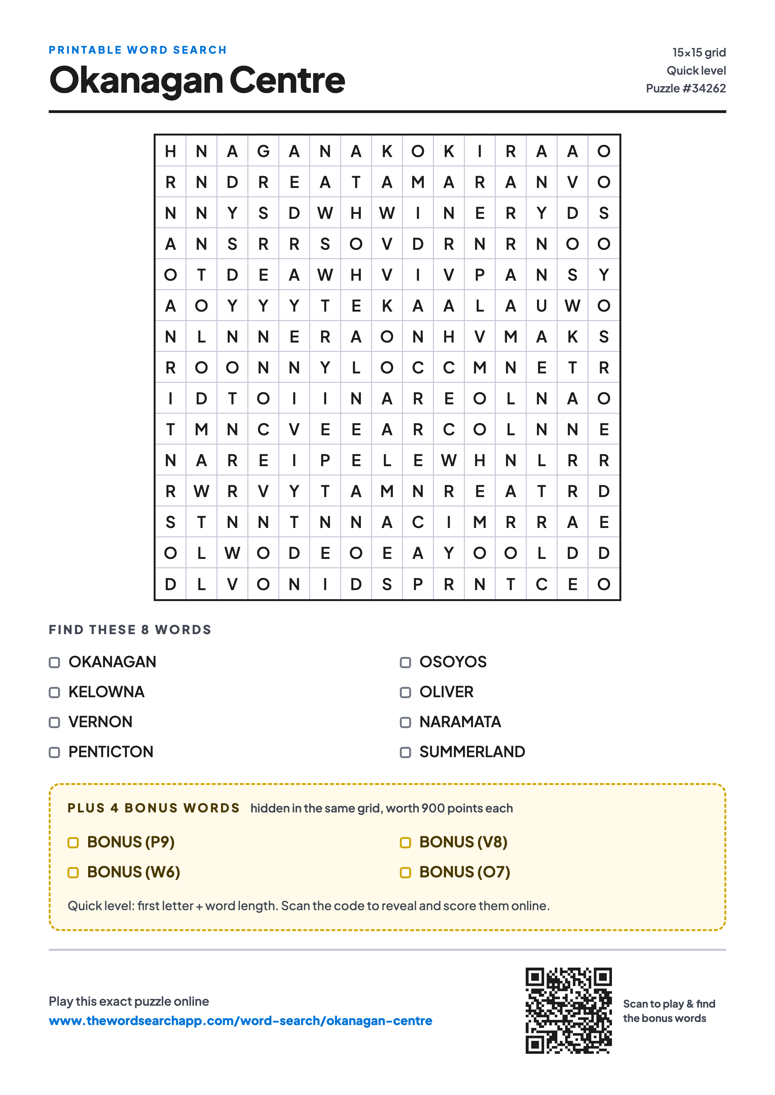 Printable Okanagan Centre word search — 15×15 letter grid with 8 words to find including OKANAGAN, KELOWNA, VERNON, plus 4 hidden bonus words