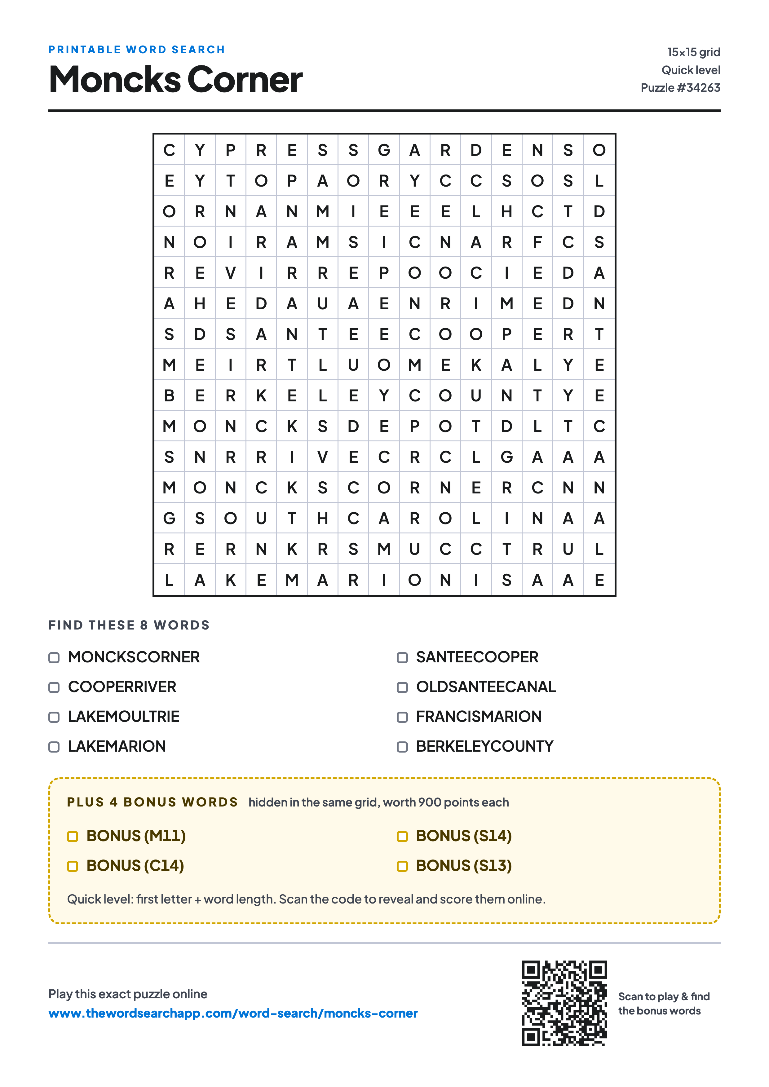 Printable Moncks Corner word search — 15×15 letter grid with 8 words to find including MONCKSCORNER, COOPERRIVER, LAKEMOULTRIE, plus 4 hidden bonus words