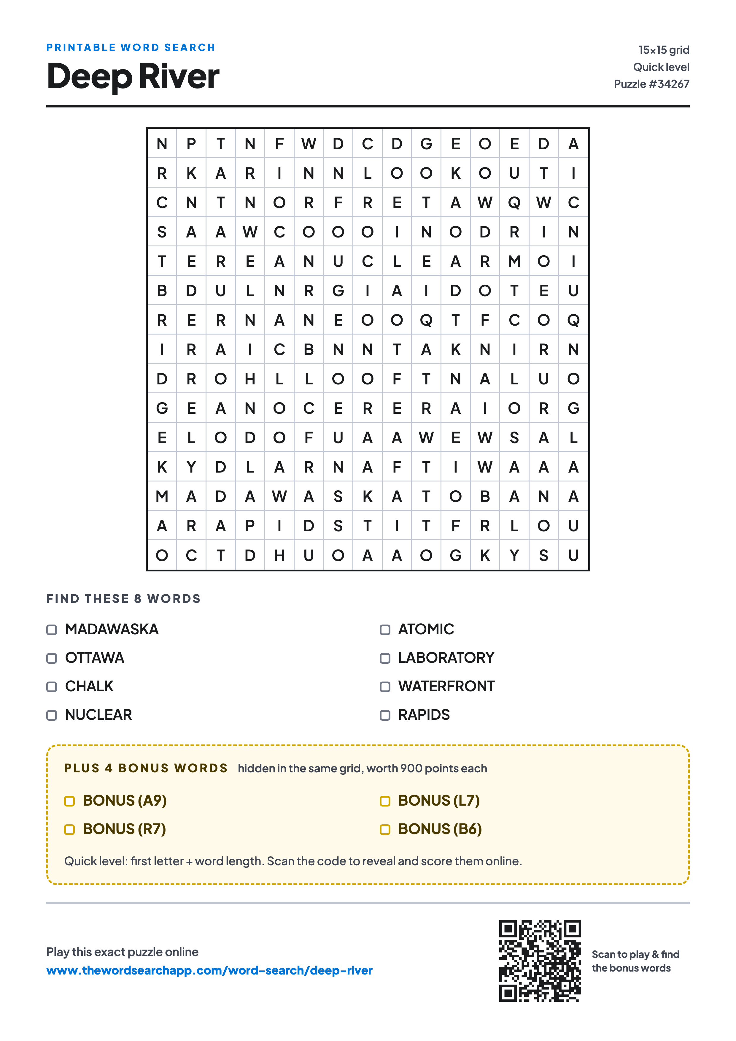 Printable Deep River word search — 15×15 letter grid with 8 words to find including MADAWASKA, OTTAWA, CHALK, plus 4 hidden bonus words