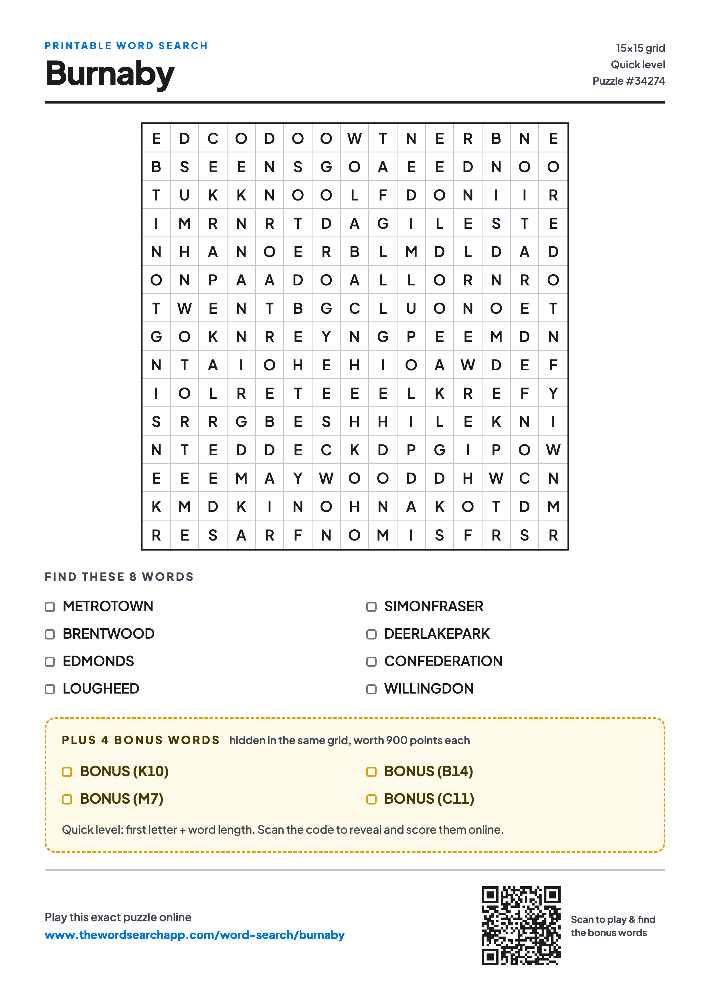 Printable Burnaby word search — 15×15 letter grid with 8 words to find including METROTOWN, BRENTWOOD, EDMONDS, plus 4 hidden bonus words