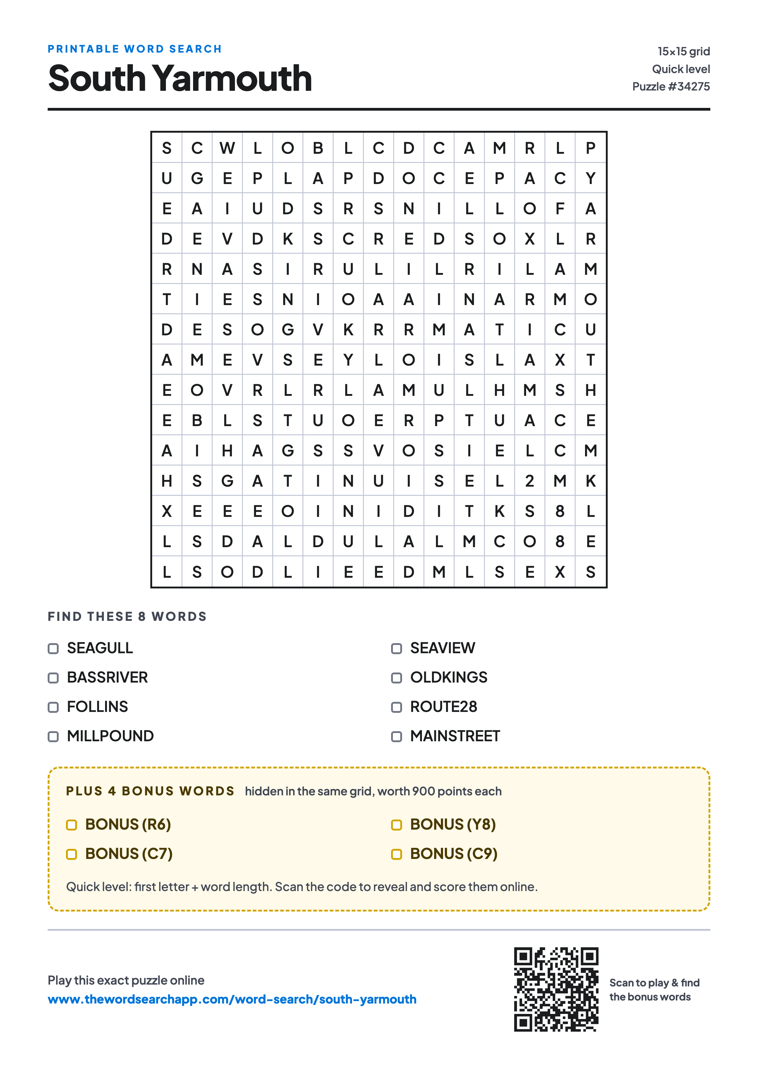 Printable South Yarmouth word search — 15×15 letter grid with 8 words to find including SEAGULL, BASSRIVER, FOLLINS, plus 4 hidden bonus words