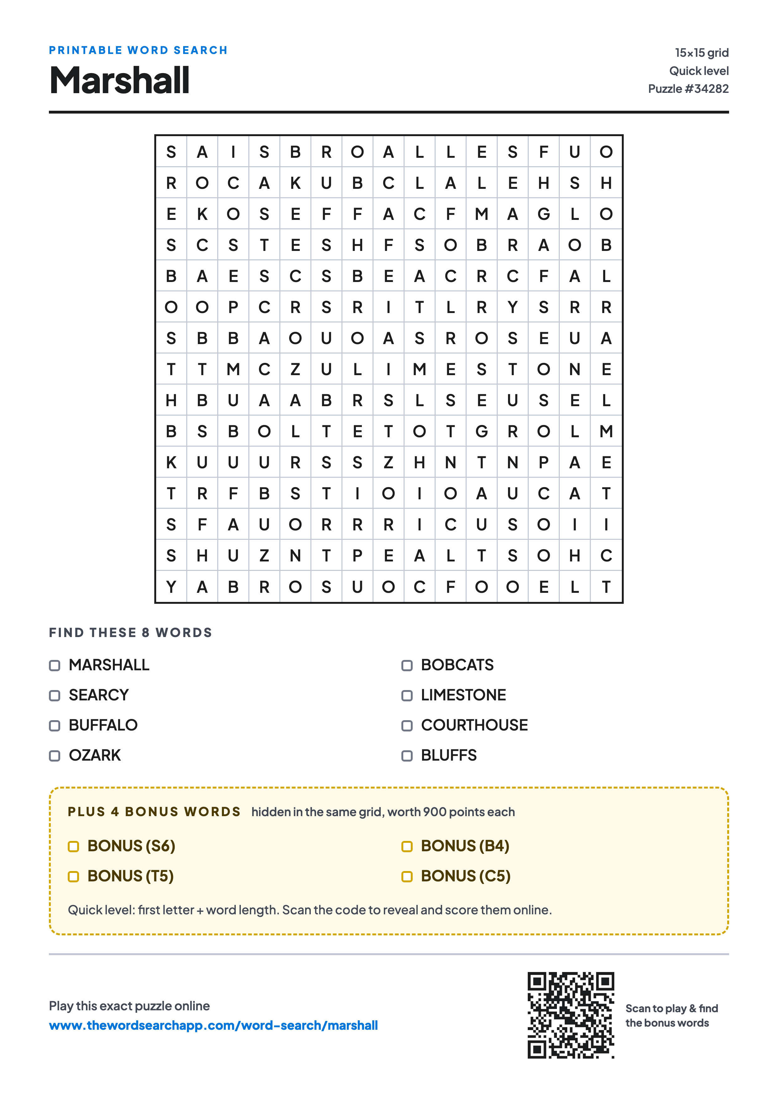 Printable Marshall word search — 15×15 letter grid with 8 words to find including MARSHALL, SEARCY, BUFFALO, plus 4 hidden bonus words