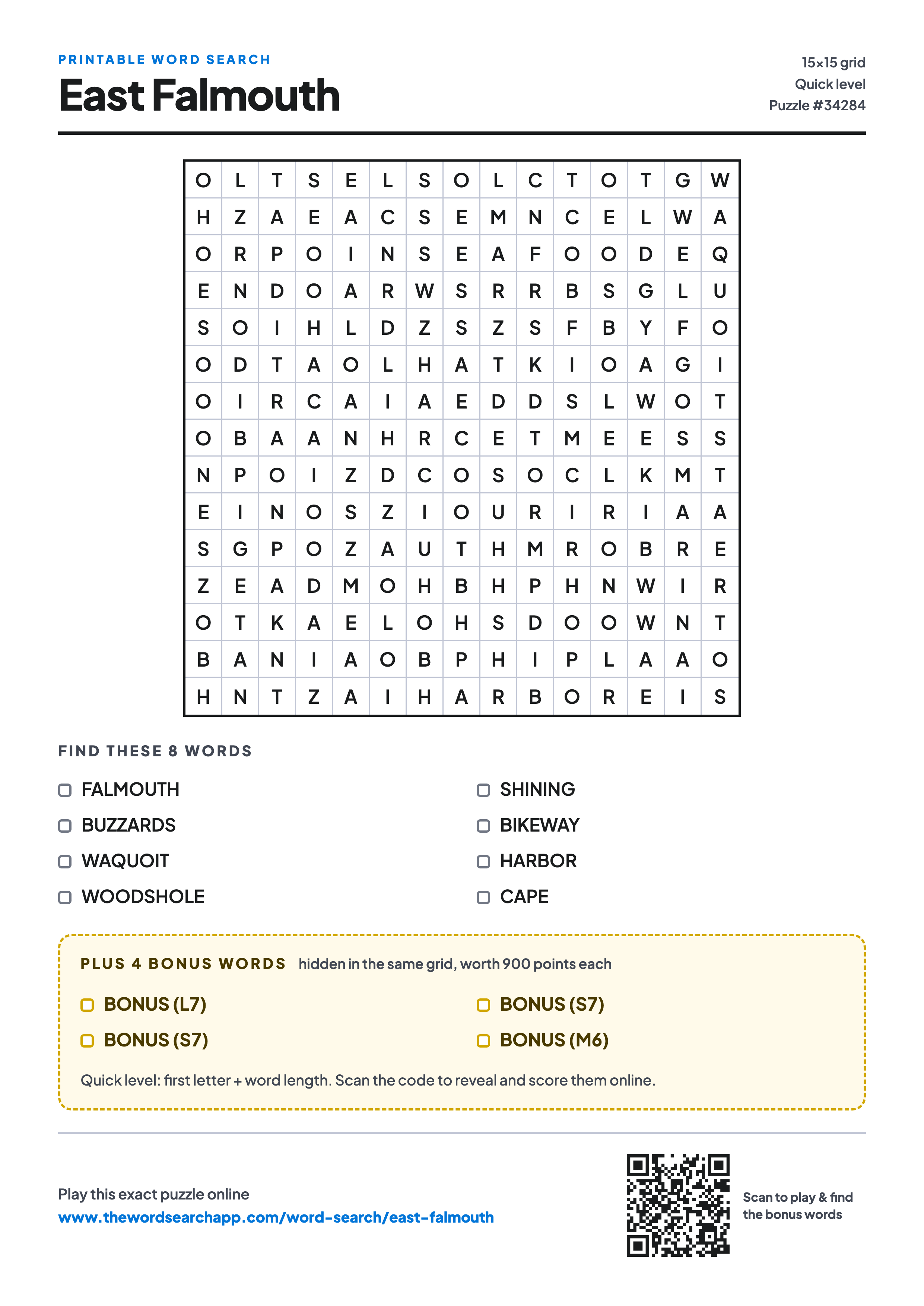 Printable East Falmouth word search — 15×15 letter grid with 8 words to find including FALMOUTH, BUZZARDS, WAQUOIT, plus 4 hidden bonus words