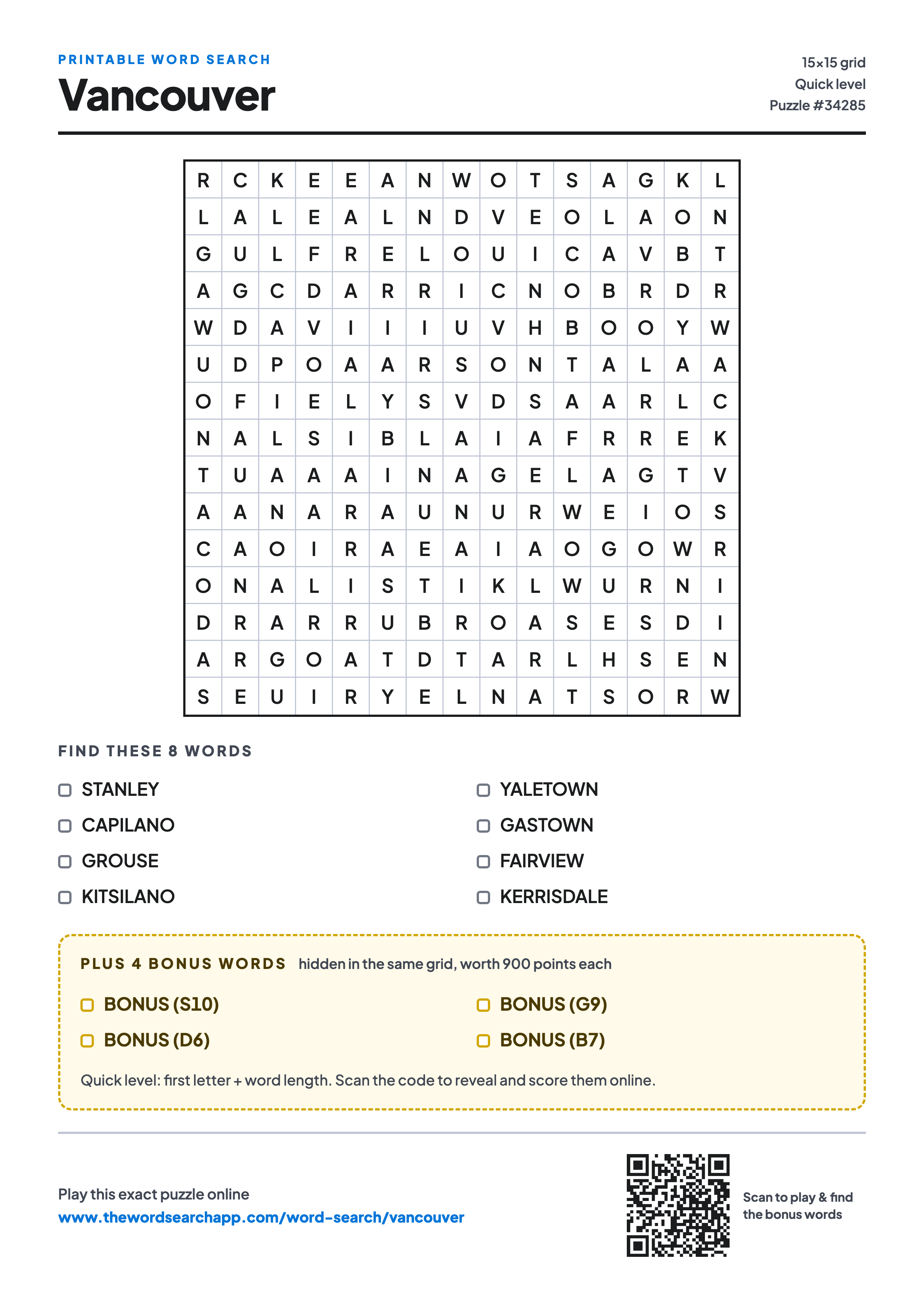 Printable Vancouver word search — 15×15 letter grid with 8 words to find including STANLEY, CAPILANO, GROUSE, plus 4 hidden bonus words