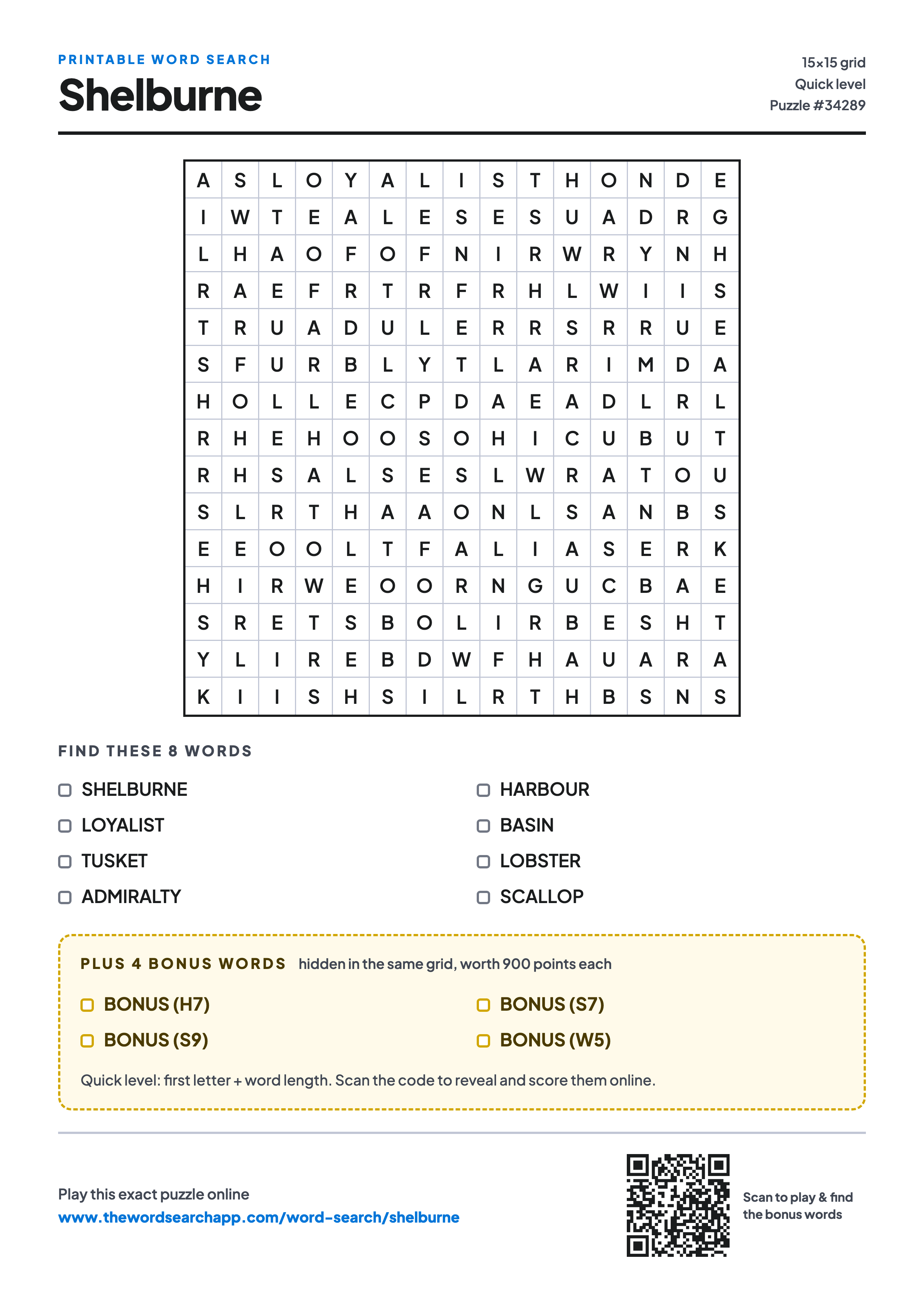 Printable Shelburne word search — 15×15 letter grid with 8 words to find including SHELBURNE, LOYALIST, TUSKET, plus 4 hidden bonus words