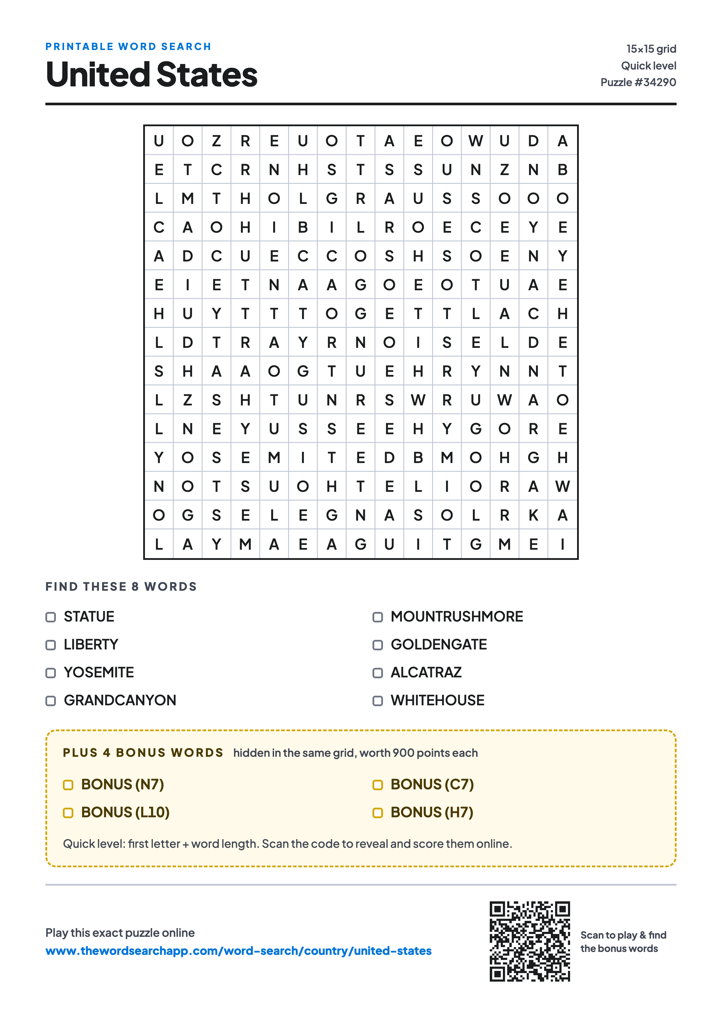 Printable United States word search — 15×15 letter grid with 8 words to find including STATUE, LIBERTY, YOSEMITE, plus 4 hidden bonus words