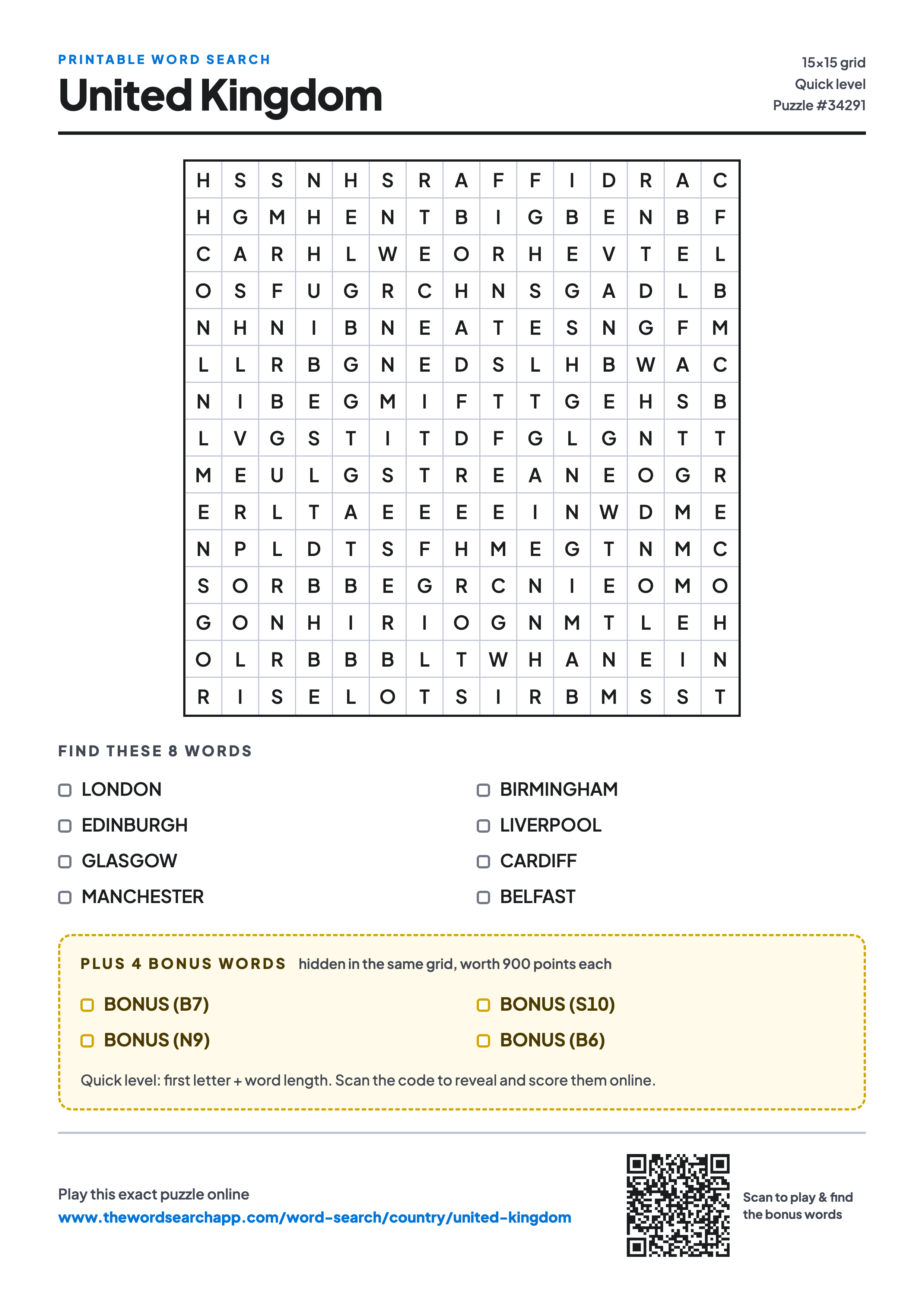 Printable United Kingdom word search — 15×15 letter grid with 8 words to find including LONDON, EDINBURGH, GLASGOW, plus 4 hidden bonus words
