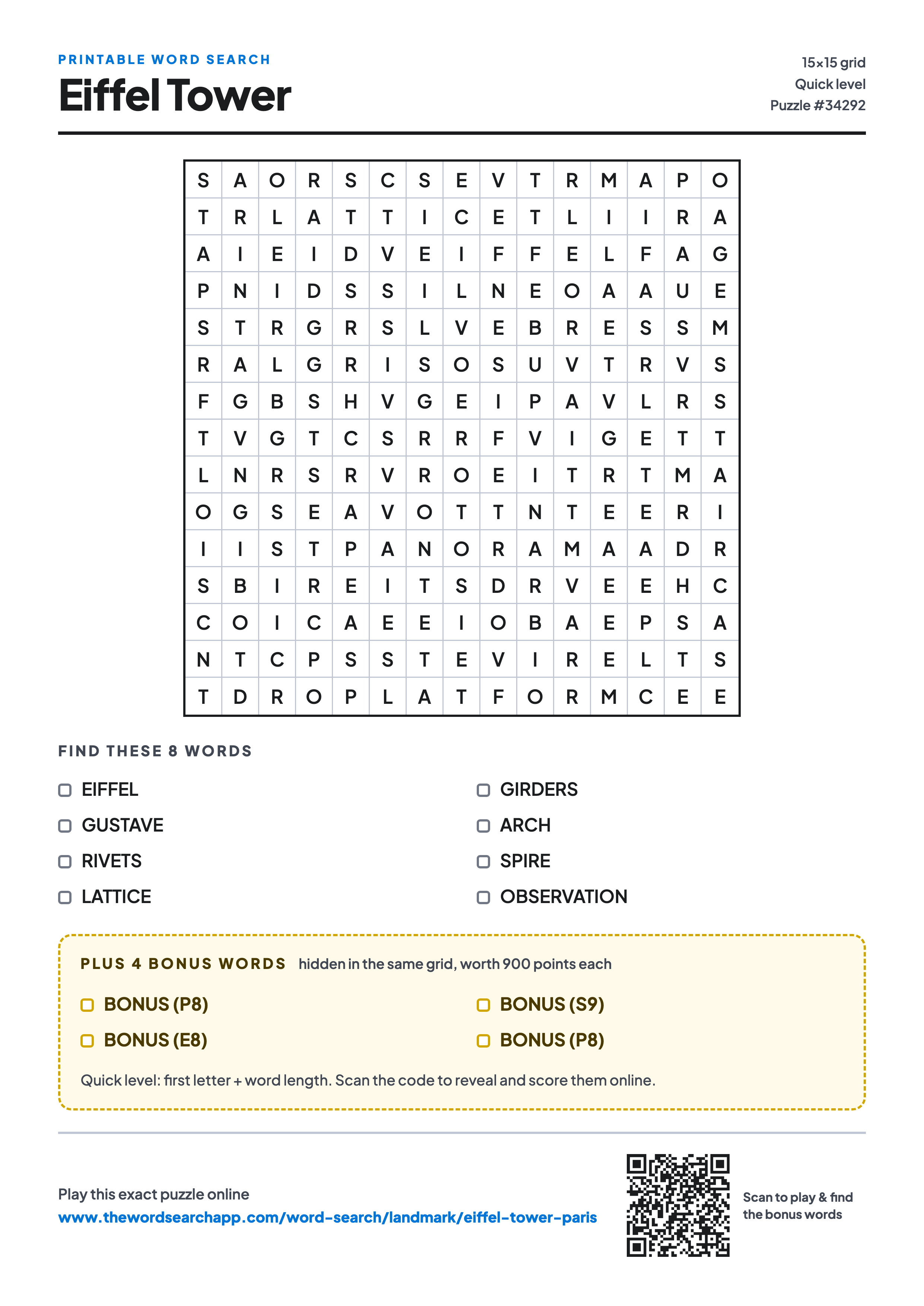 Printable Eiffel Tower word search — 15×15 letter grid with 8 words to find including EIFFEL, GUSTAVE, RIVETS, plus 4 hidden bonus words