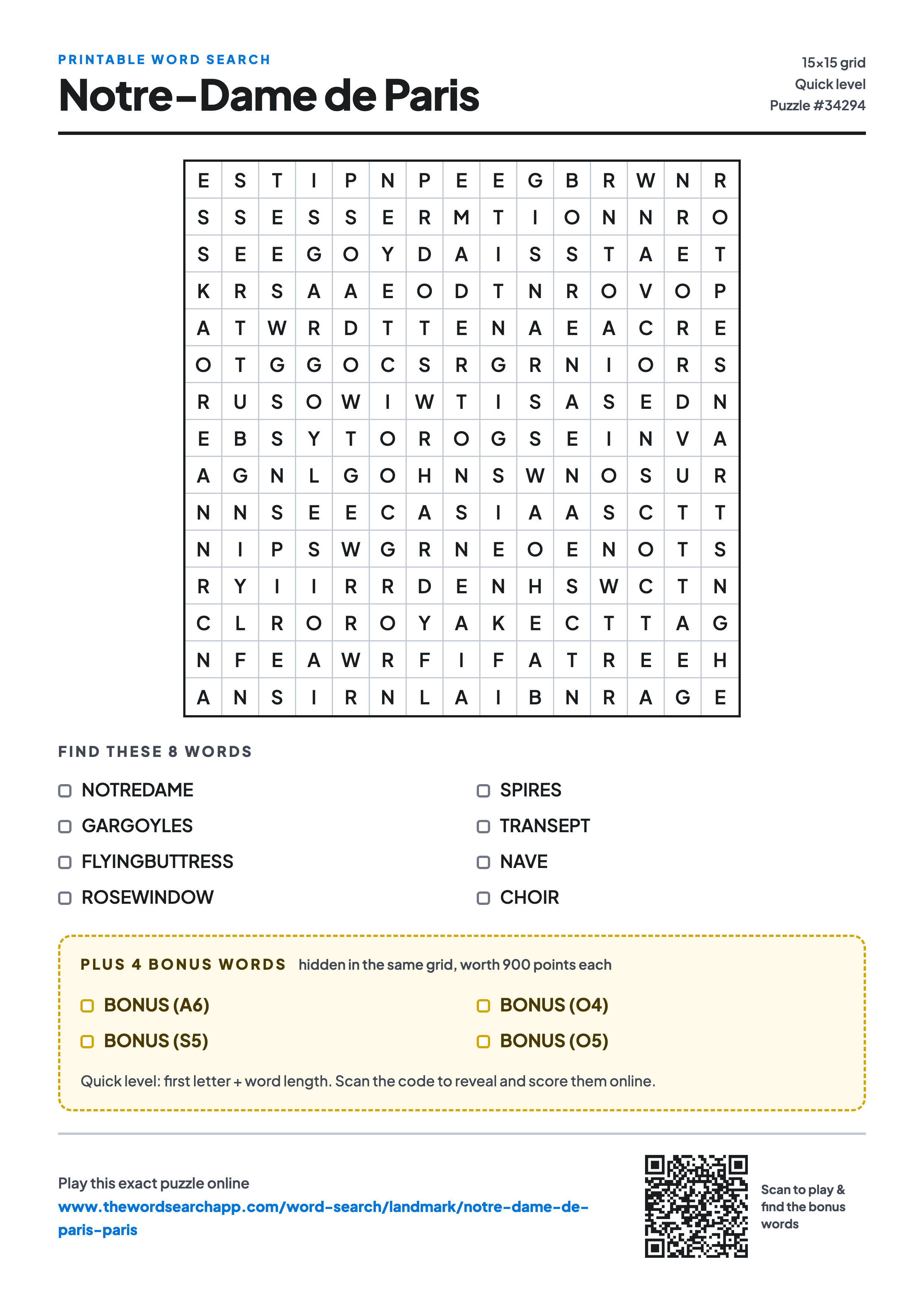 Printable Notre-Dame de Paris word search — 15×15 letter grid with 8 words to find including NOTREDAME, GARGOYLES, FLYINGBUTTRESS, plus 4 hidden bonus words