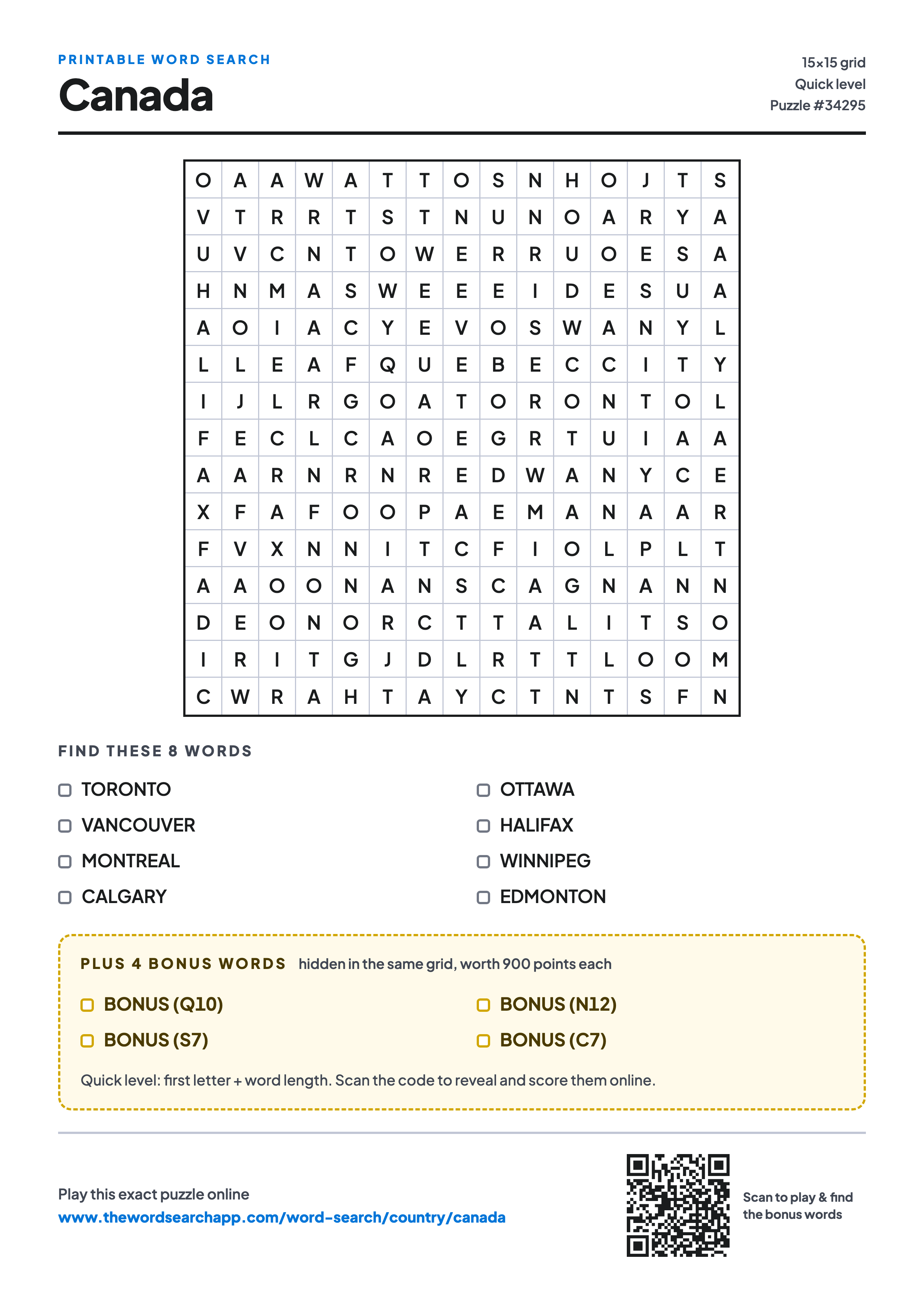 Printable Canada word search — 15×15 letter grid with 8 words to find including TORONTO, VANCOUVER, MONTREAL, plus 4 hidden bonus words