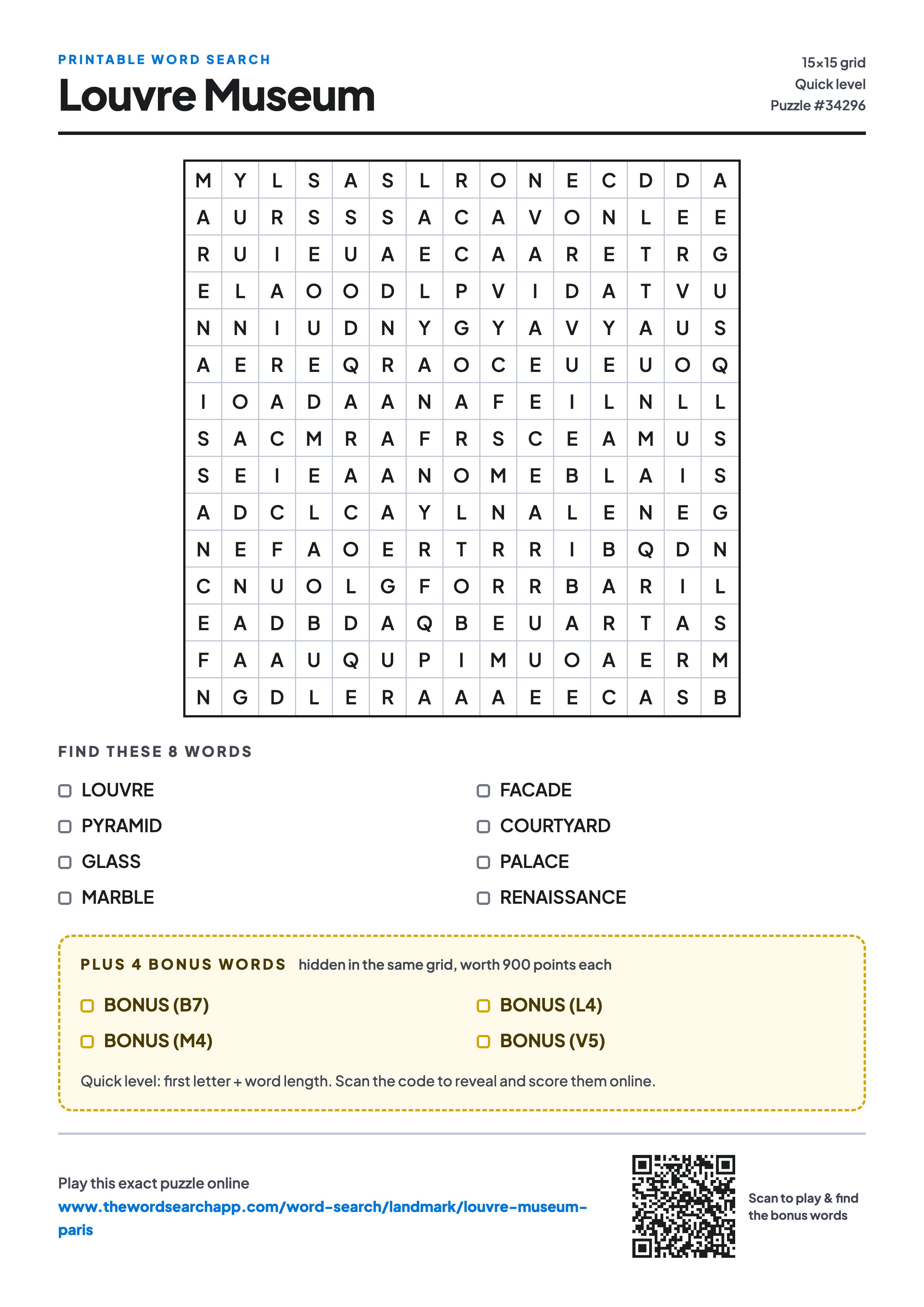 Printable Louvre Museum word search — 15×15 letter grid with 8 words to find including LOUVRE, PYRAMID, GLASS, plus 4 hidden bonus words