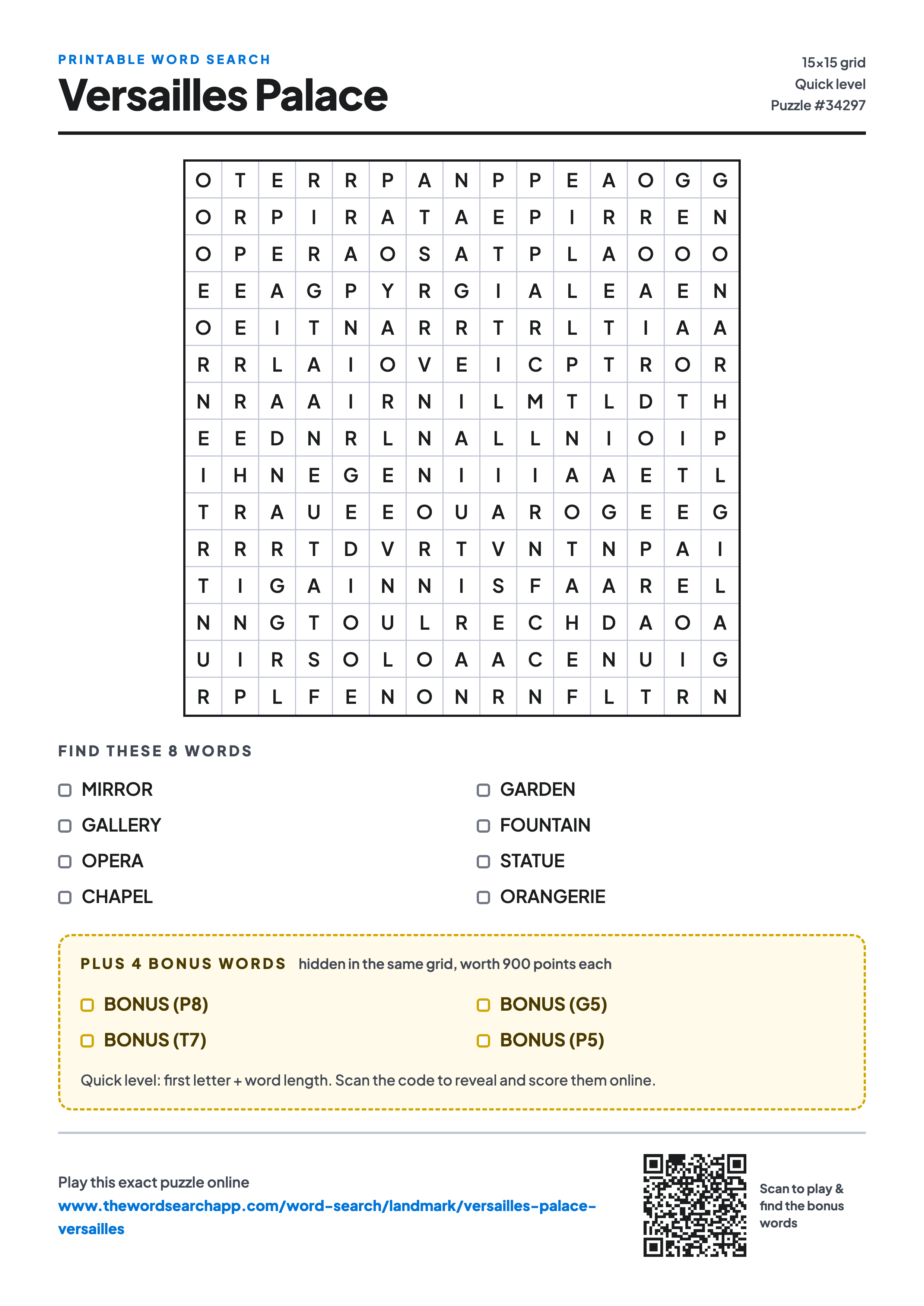 Printable Versailles Palace word search — 15×15 letter grid with 8 words to find including MIRROR, GALLERY, OPERA, plus 4 hidden bonus words