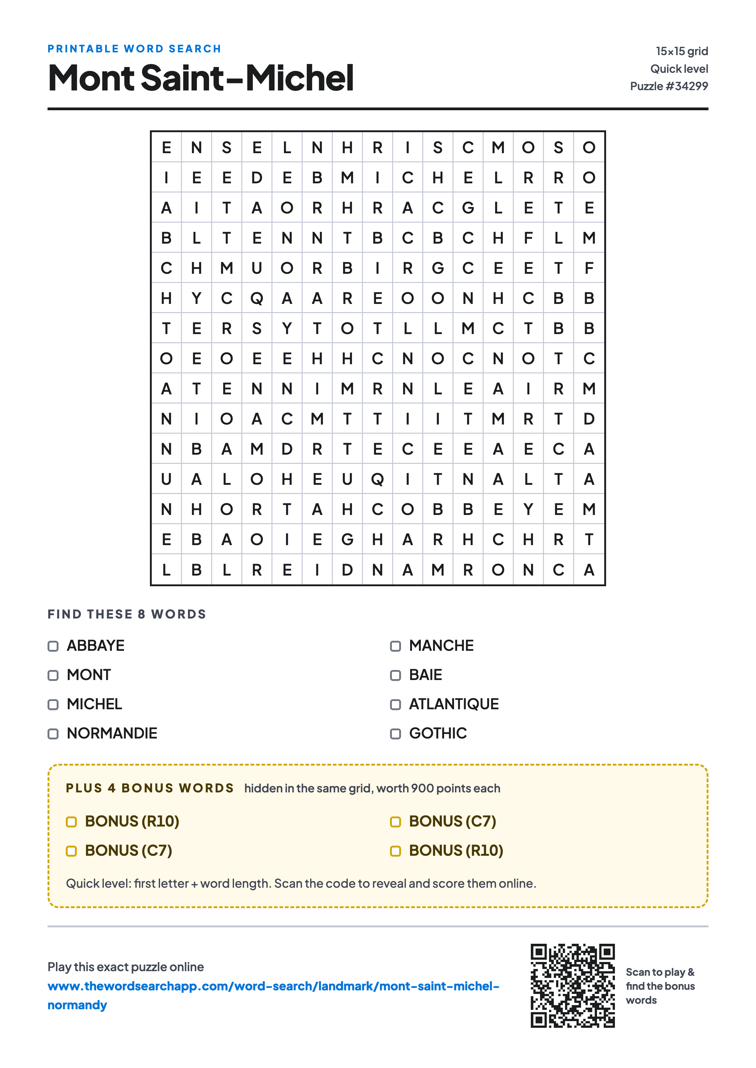 Printable Mont Saint-Michel word search — 15×15 letter grid with 8 words to find including ABBAYE, MONT, MICHEL, plus 4 hidden bonus words