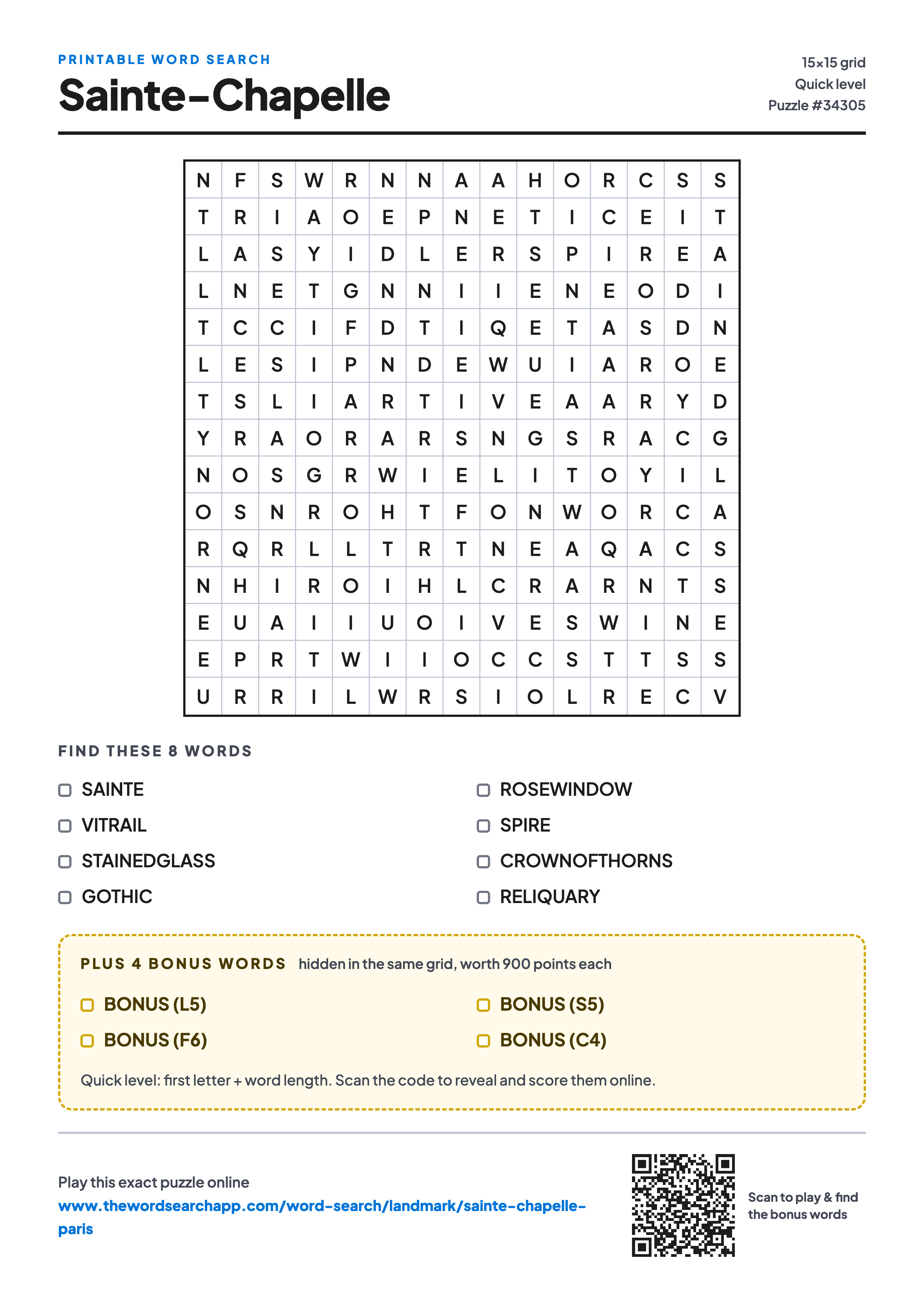 Printable Sainte-Chapelle word search — 15×15 letter grid with 8 words to find including SAINTE, VITRAIL, STAINEDGLASS, plus 4 hidden bonus words