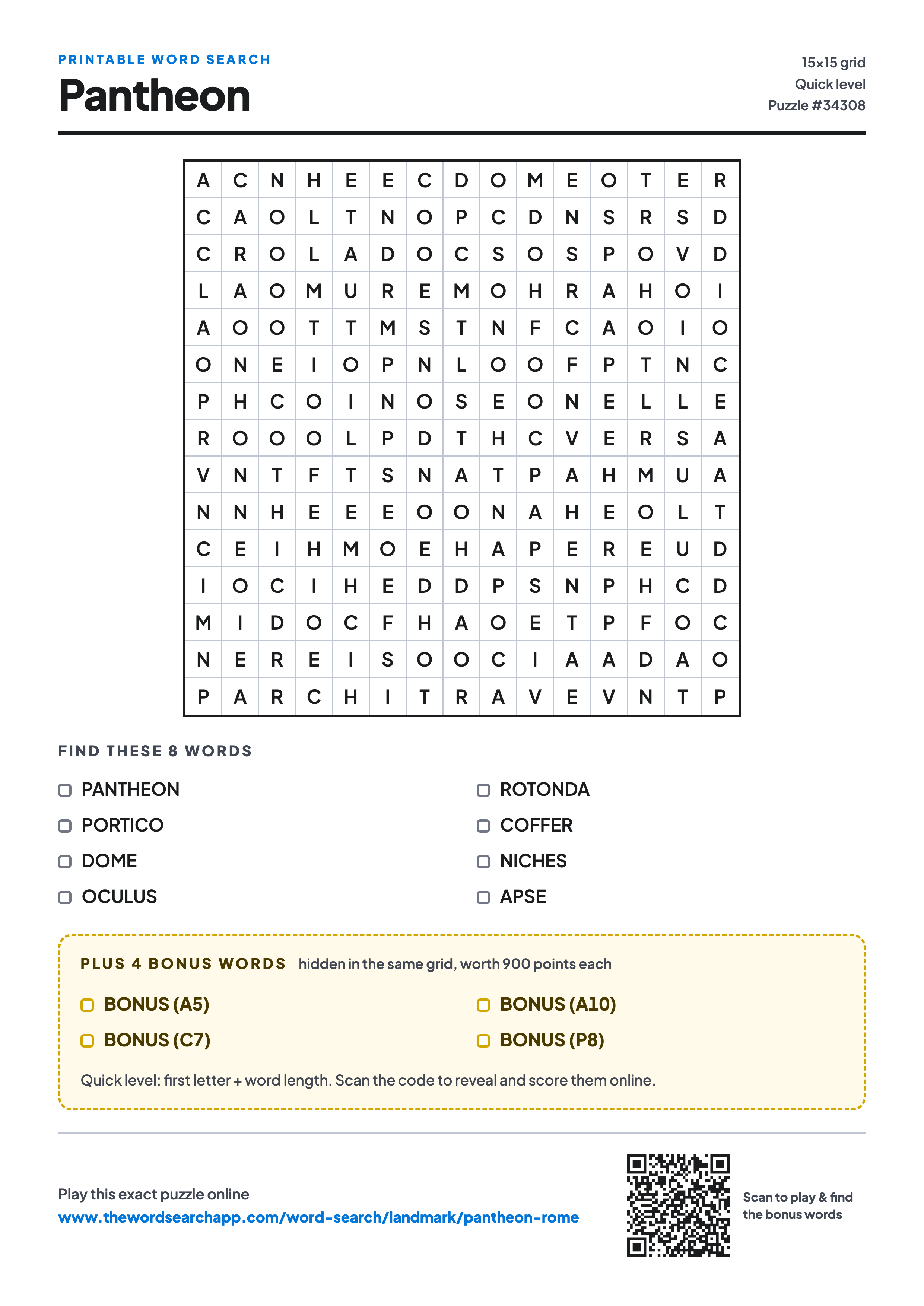 Printable Pantheon word search — 15×15 letter grid with 8 words to find including PANTHEON, PORTICO, DOME, plus 4 hidden bonus words