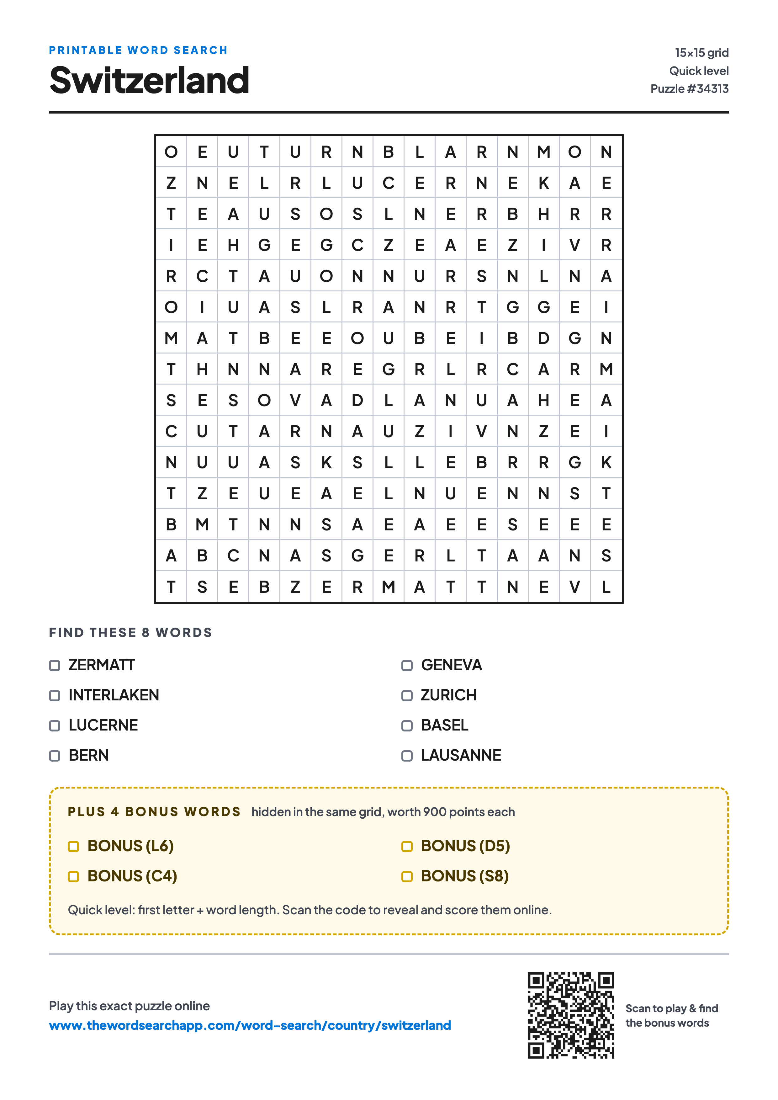 Printable Switzerland word search — 15×15 letter grid with 8 words to find including ZERMATT, INTERLAKEN, LUCERNE, plus 4 hidden bonus words
