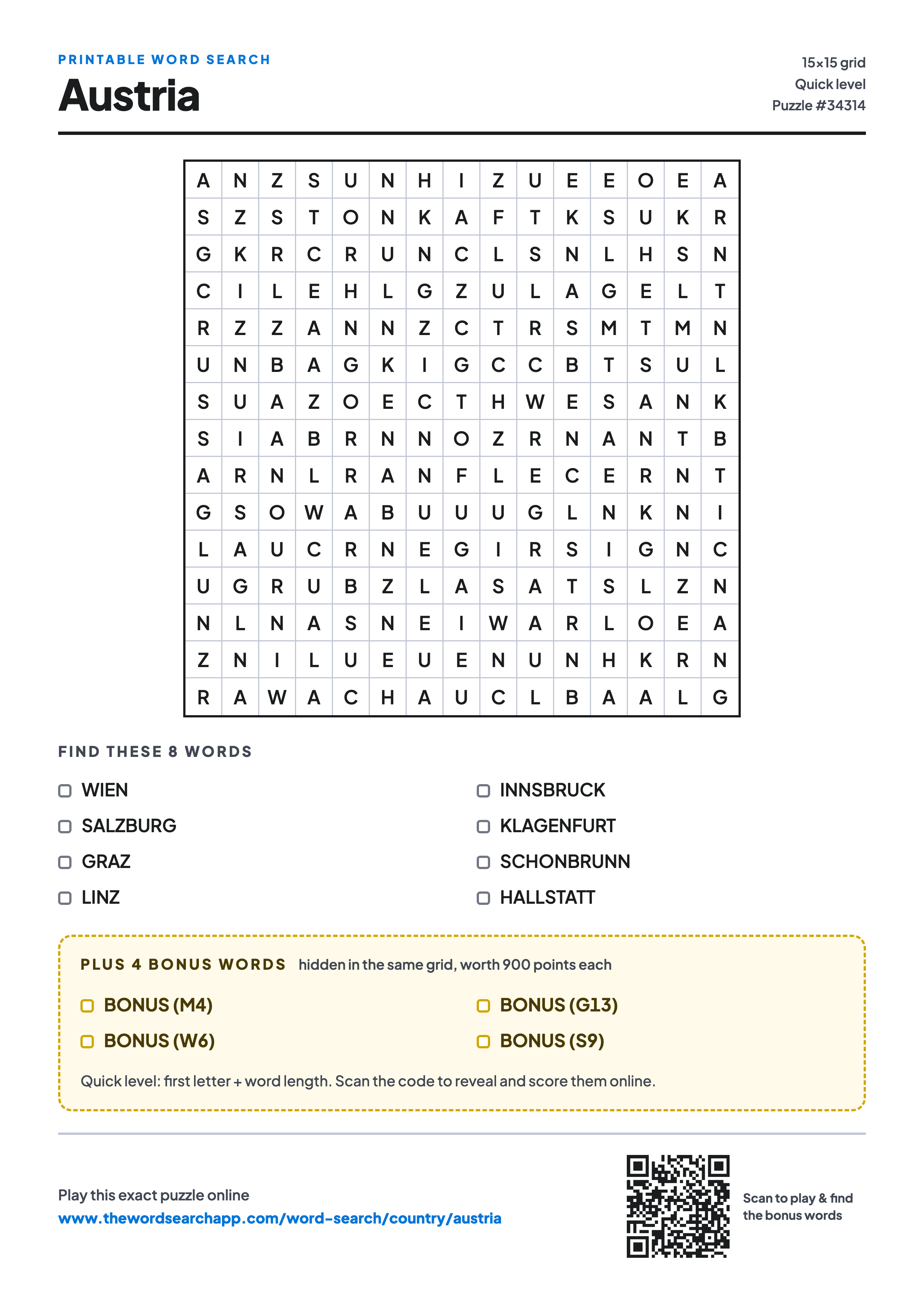 Printable Austria word search — 15×15 letter grid with 8 words to find including WIEN, SALZBURG, GRAZ, plus 4 hidden bonus words