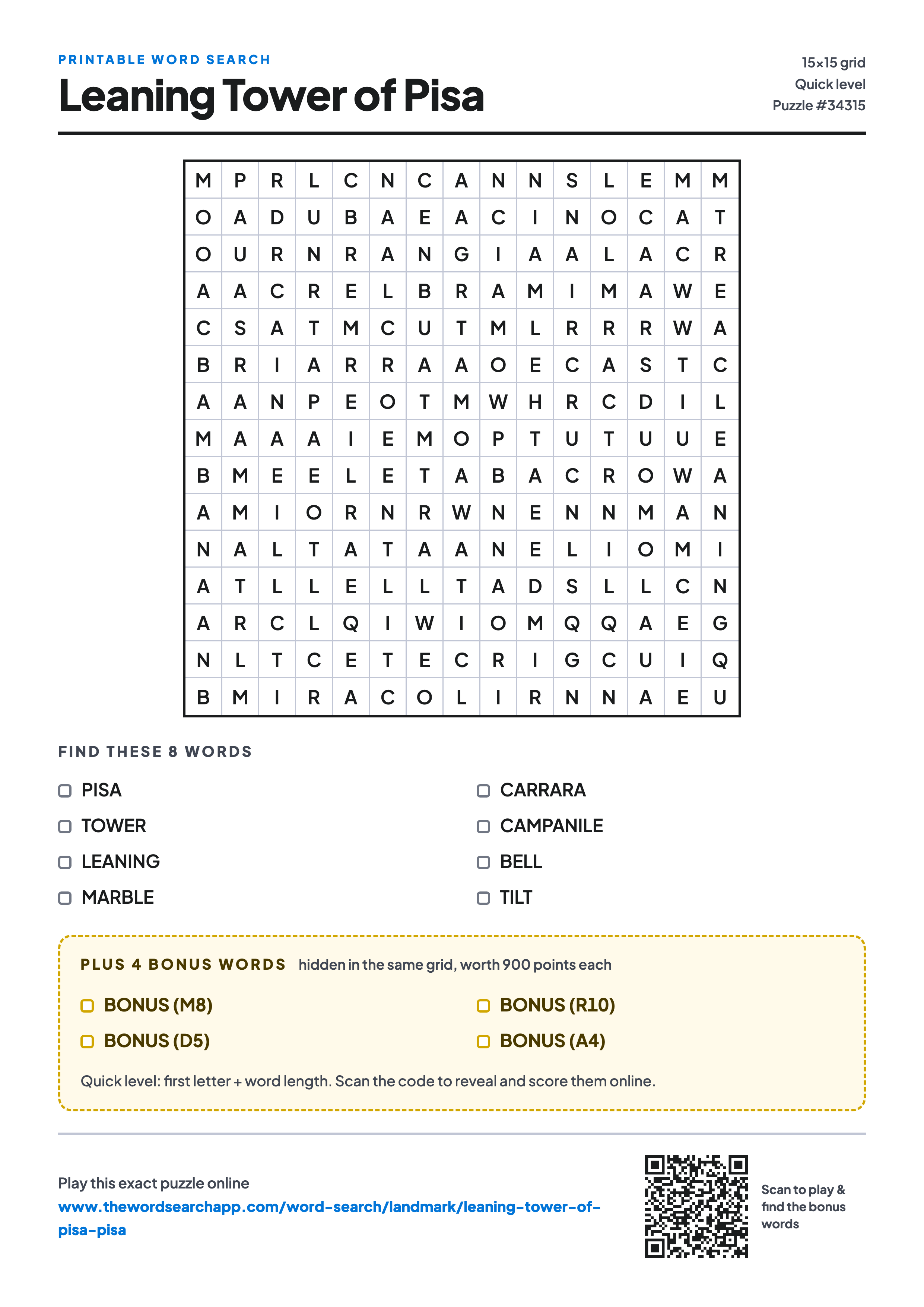 Printable Leaning Tower of Pisa word search — 15×15 letter grid with 8 words to find including PISA, TOWER, LEANING, plus 4 hidden bonus words