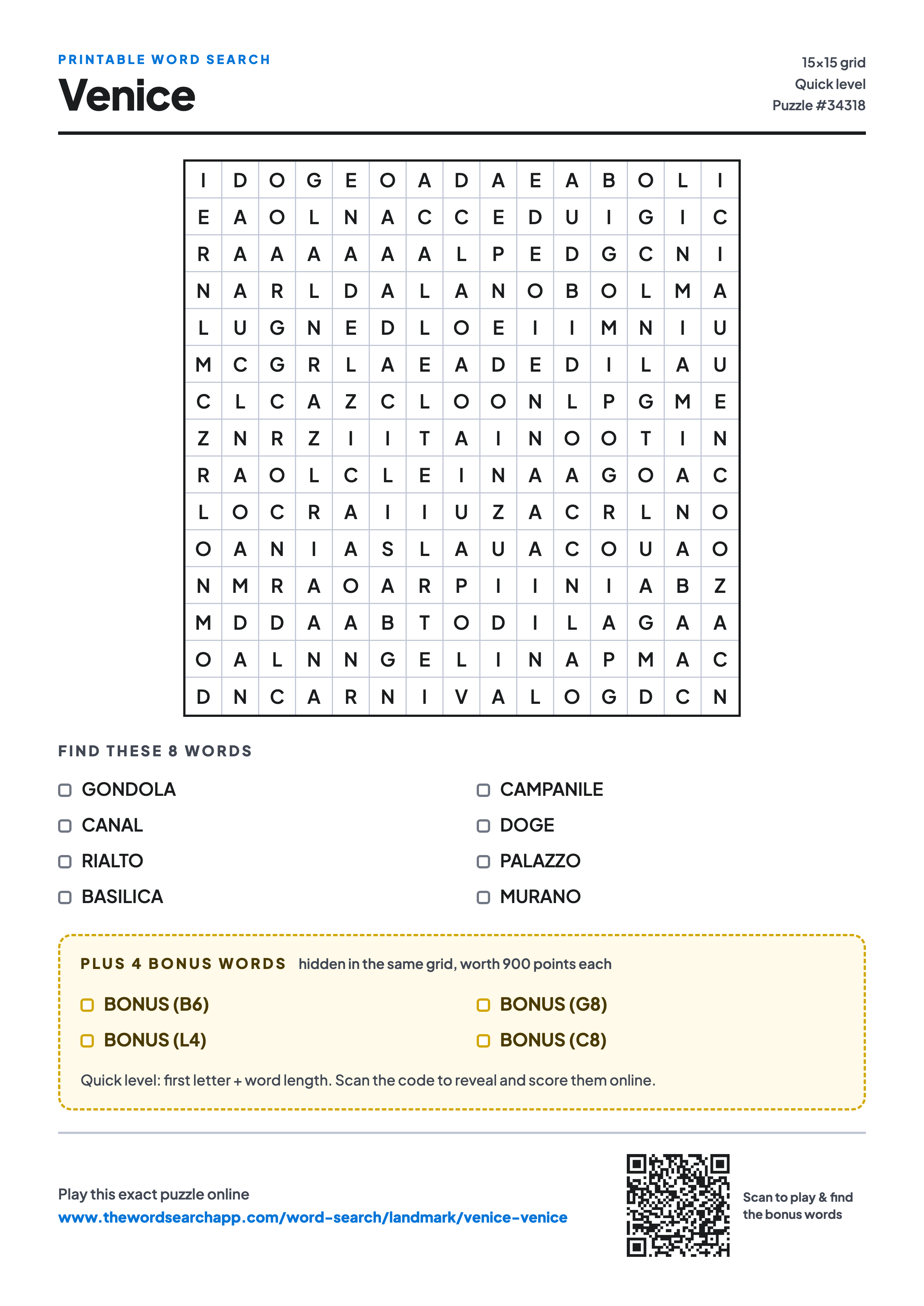 Printable Venice word search — 15×15 letter grid with 8 words to find including GONDOLA, CANAL, RIALTO, plus 4 hidden bonus words