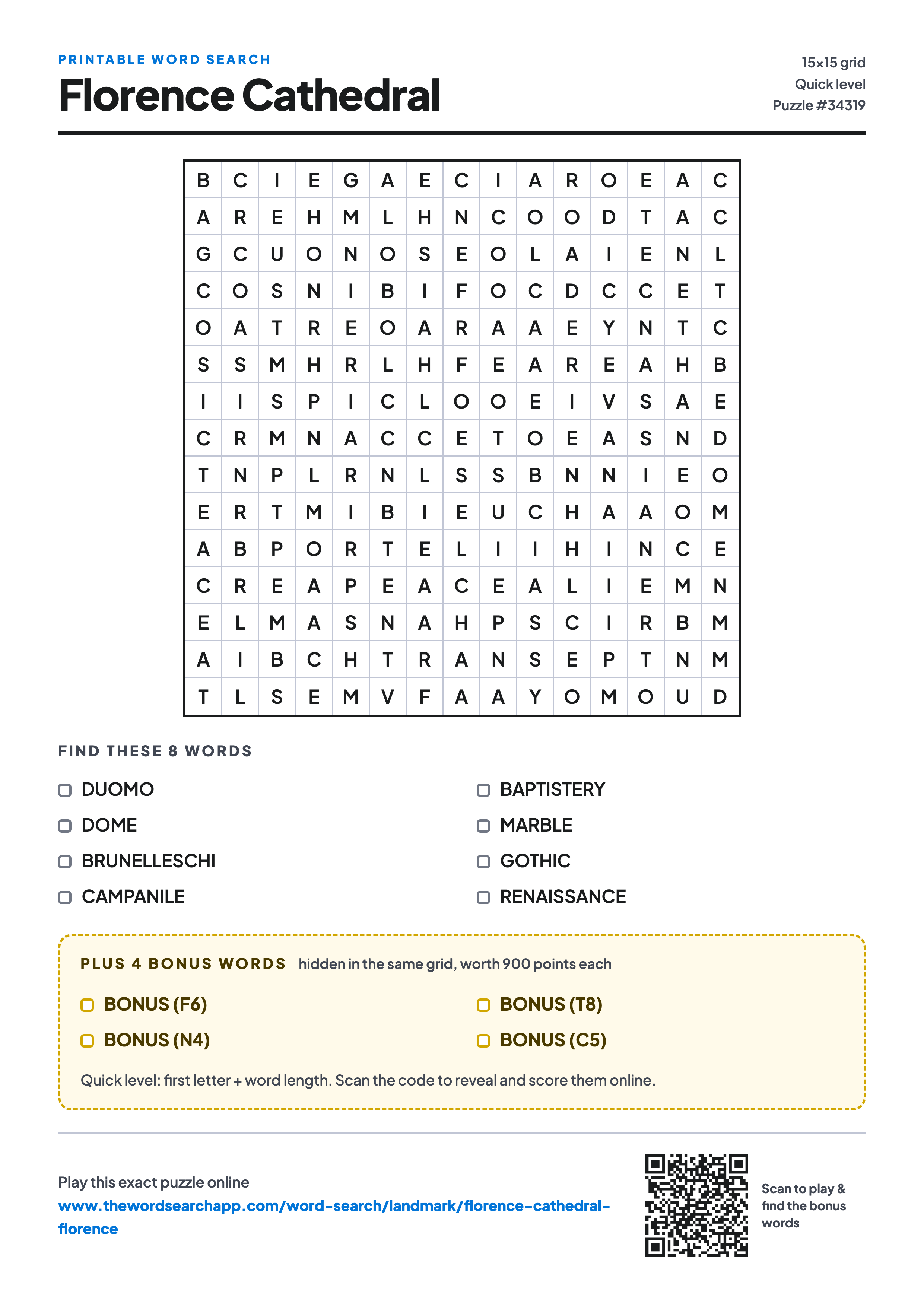 Printable Florence Cathedral word search — 15×15 letter grid with 8 words to find including DUOMO, DOME, BRUNELLESCHI, plus 4 hidden bonus words