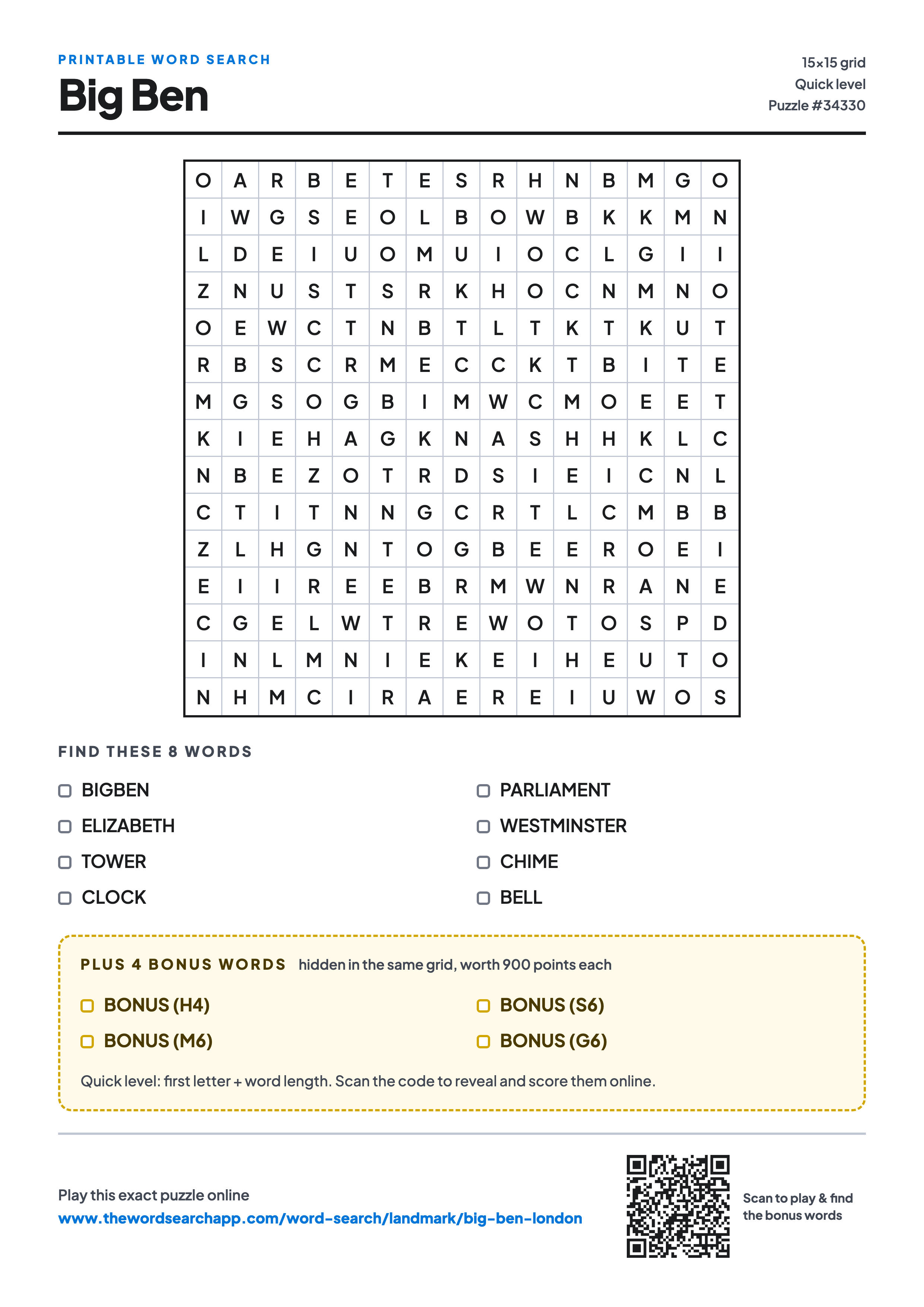 Printable Big Ben word search — 15×15 letter grid with 8 words to find including BIGBEN, ELIZABETH, TOWER, plus 4 hidden bonus words