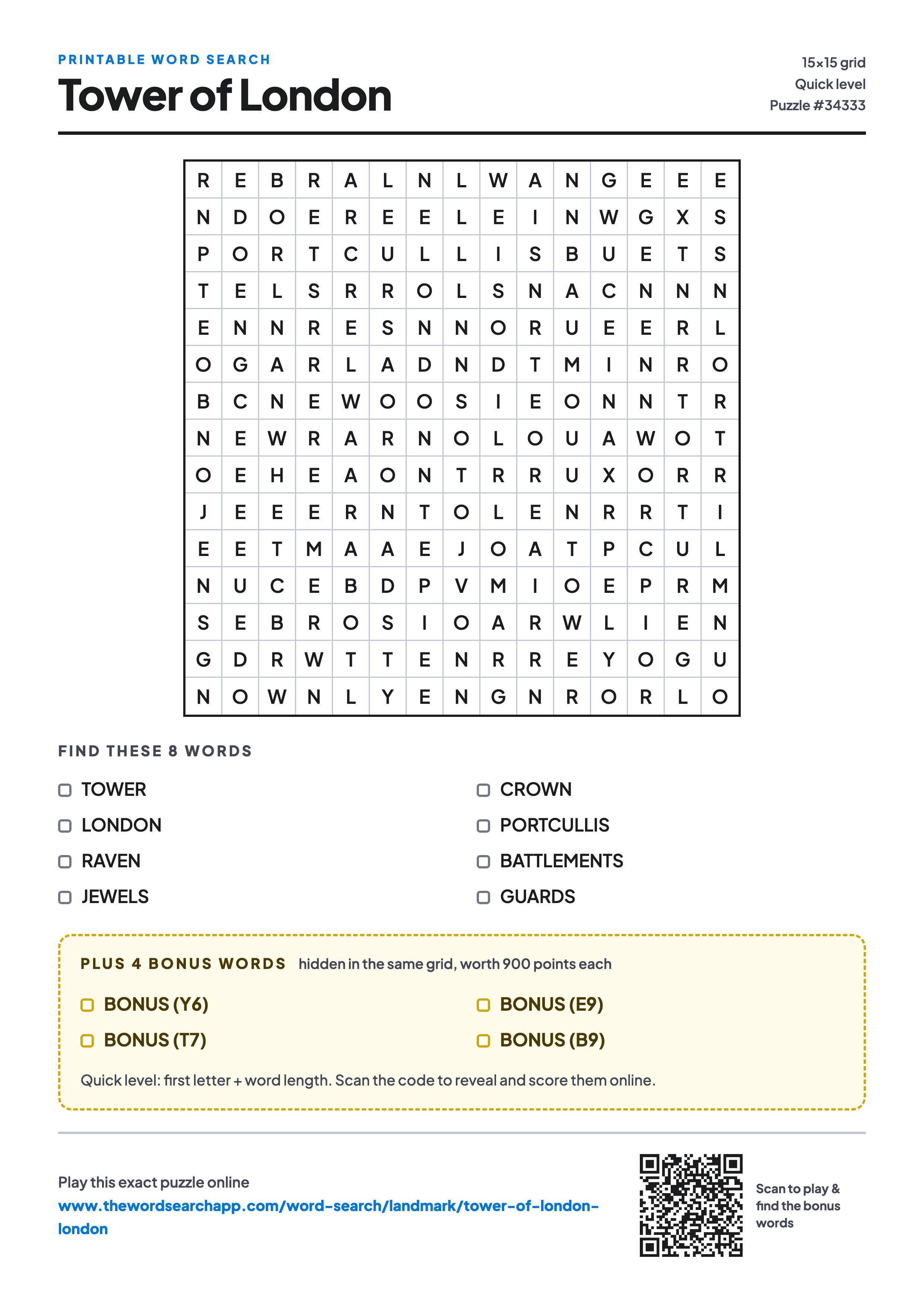 Printable Tower of London word search — 15×15 letter grid with 8 words to find including TOWER, LONDON, RAVEN, plus 4 hidden bonus words