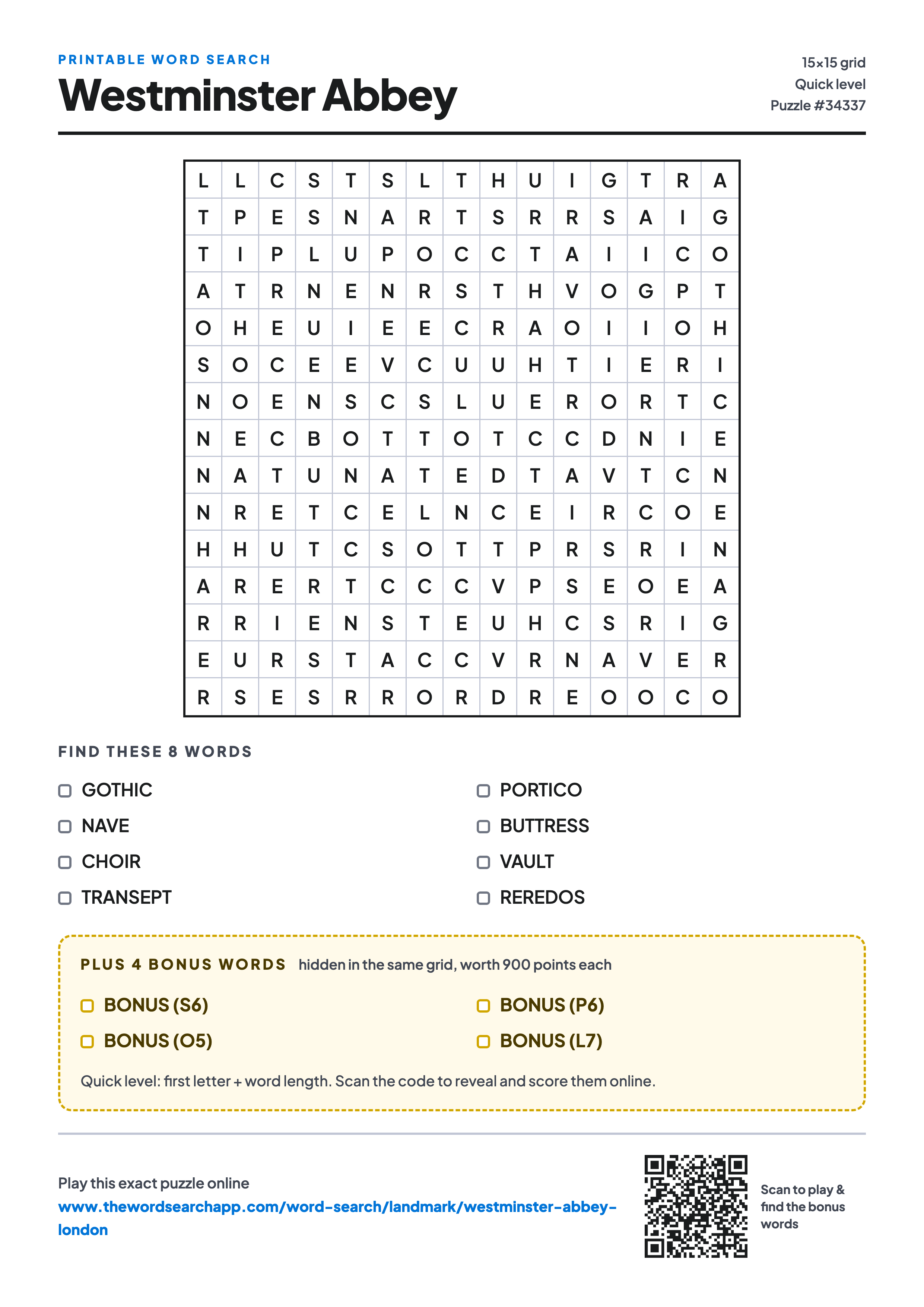 Printable Westminster Abbey word search — 15×15 letter grid with 8 words to find including GOTHIC, NAVE, CHOIR, plus 4 hidden bonus words