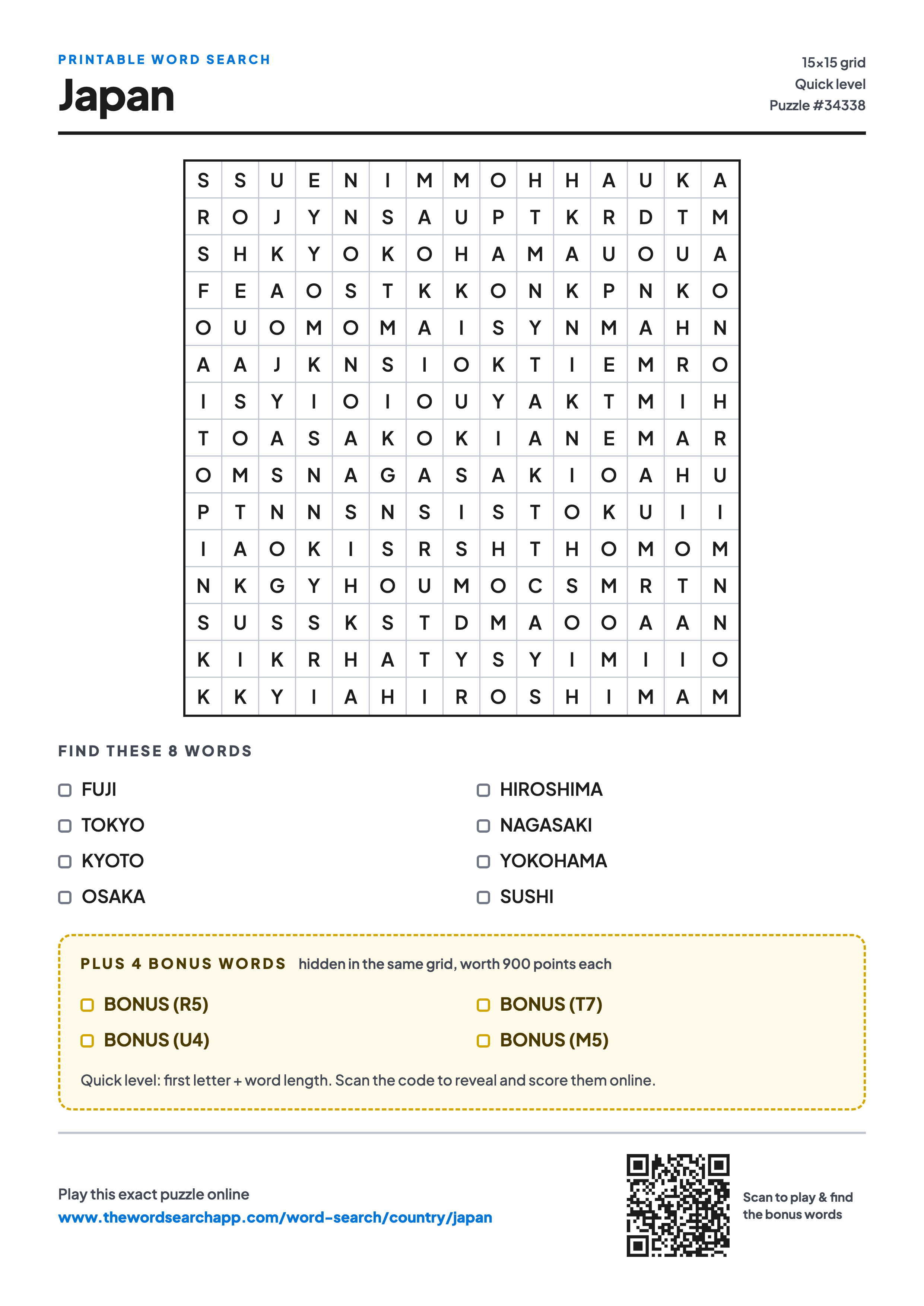 Printable Japan word search — 15×15 letter grid with 8 words to find including FUJI, TOKYO, KYOTO, plus 4 hidden bonus words