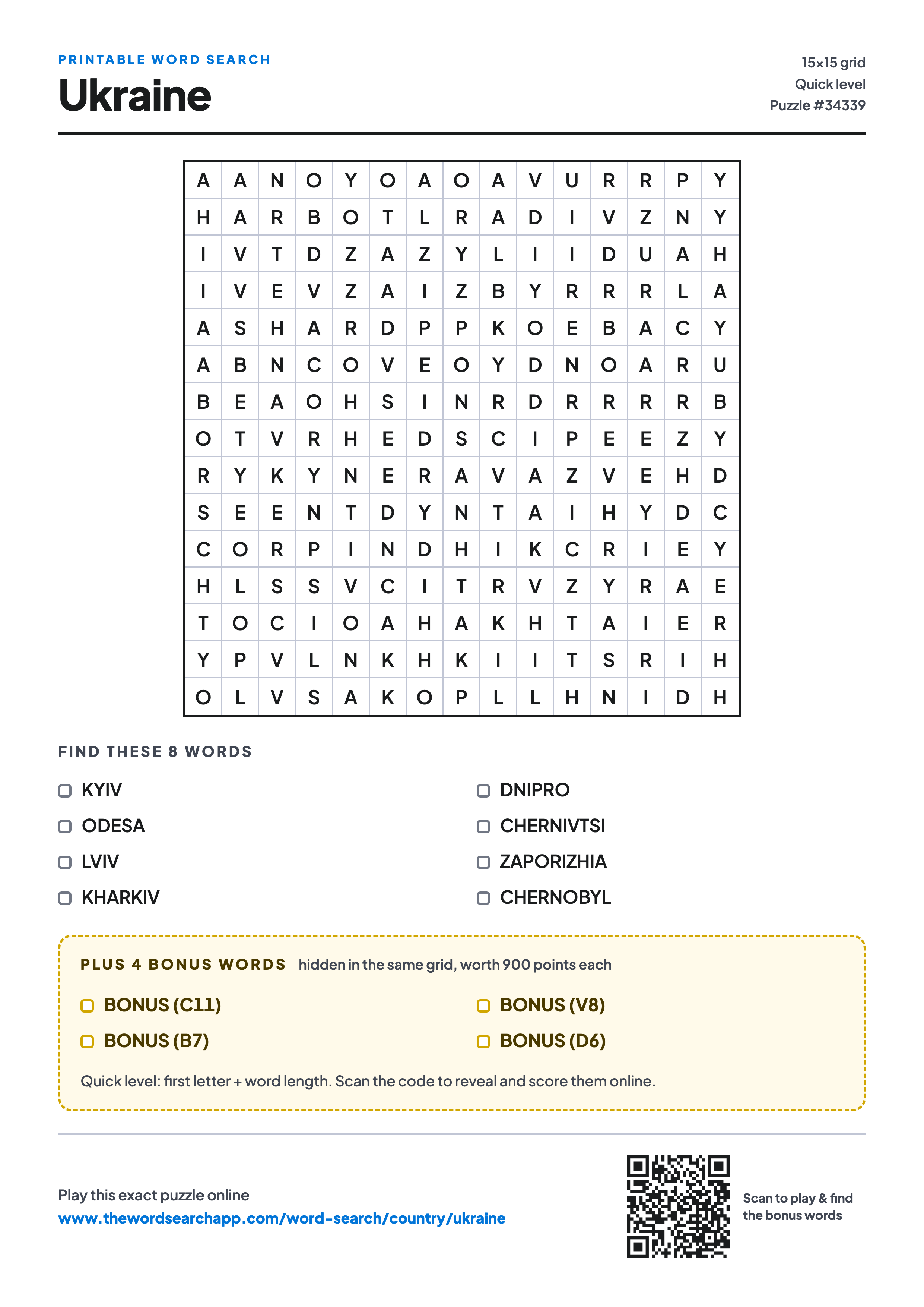 Printable Ukraine word search — 15×15 letter grid with 8 words to find including KYIV, ODESA, LVIV, plus 4 hidden bonus words