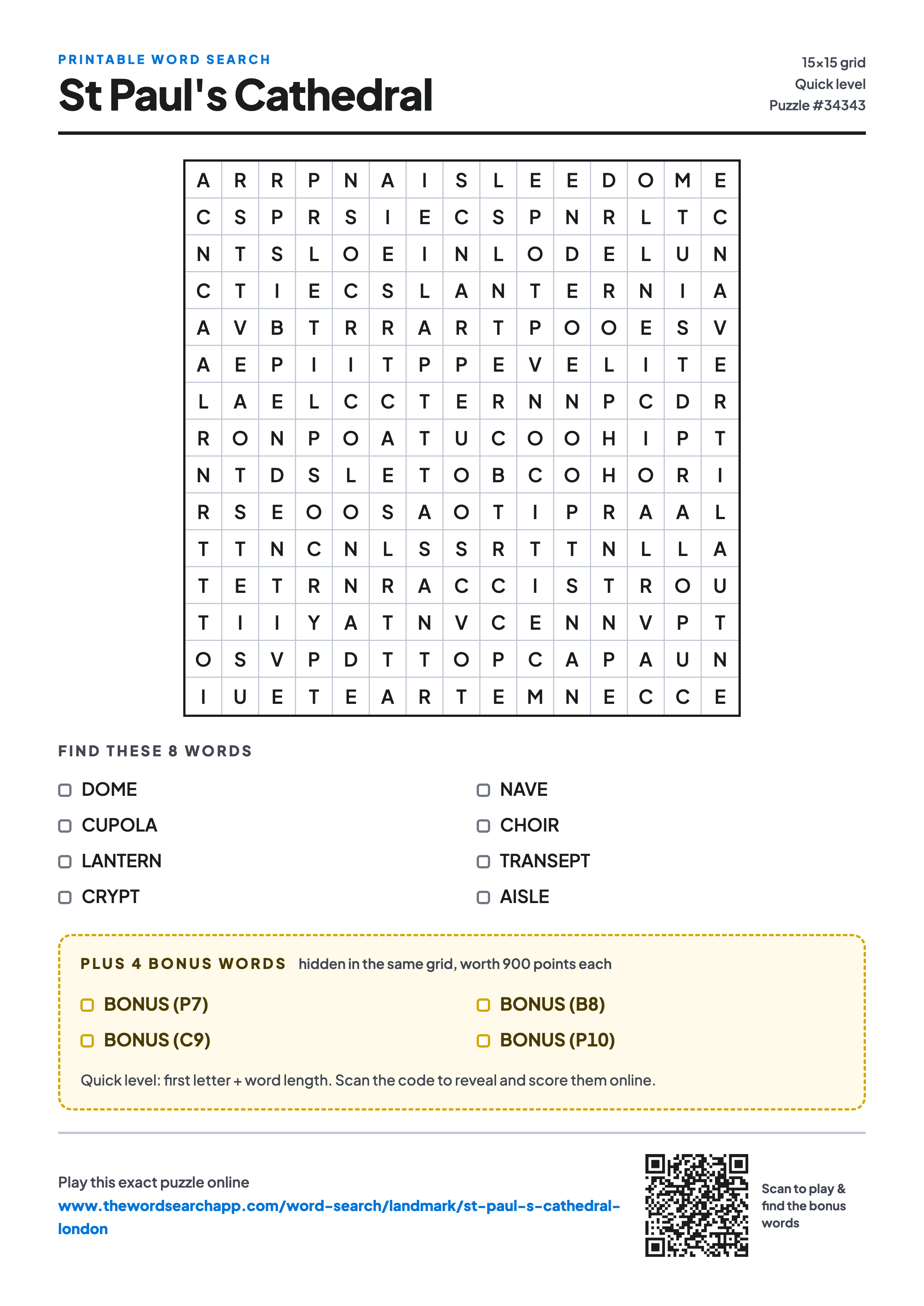 Printable St Paul's Cathedral word search — 15×15 letter grid with 8 words to find including DOME, CUPOLA, LANTERN, plus 4 hidden bonus words