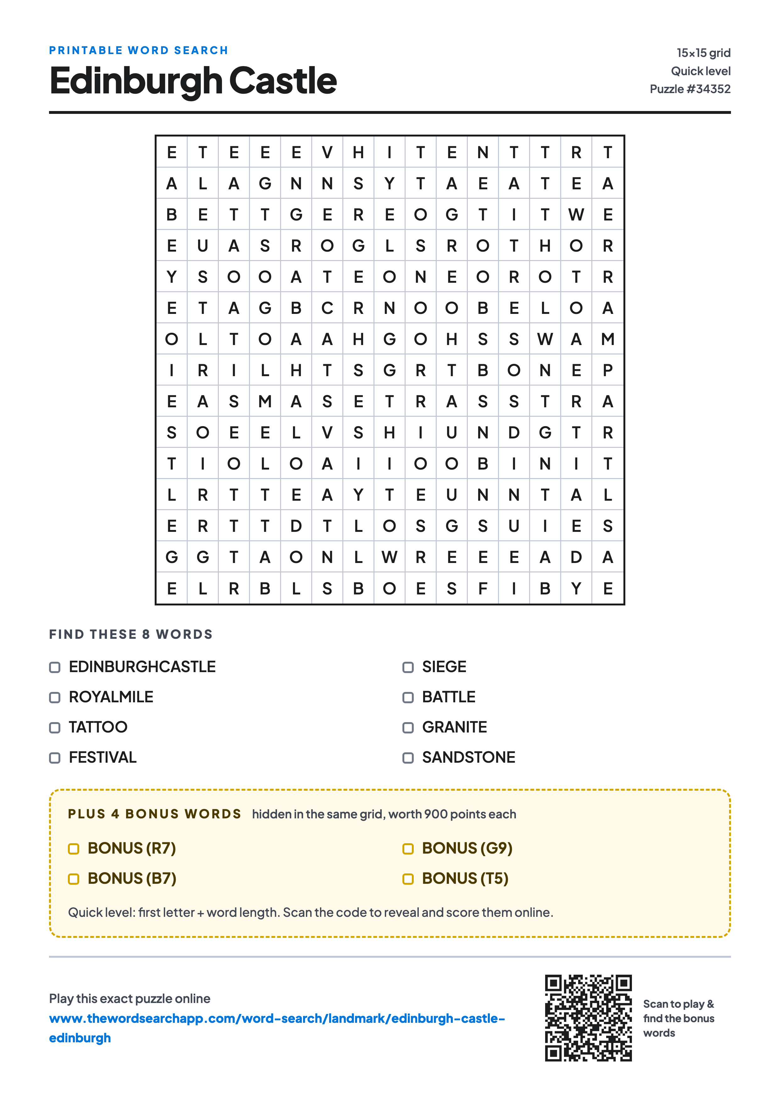 Printable Edinburgh Castle word search — 15×15 letter grid with 8 words to find including EDINBURGHCASTLE, ROYALMILE, TATTOO, plus 4 hidden bonus words