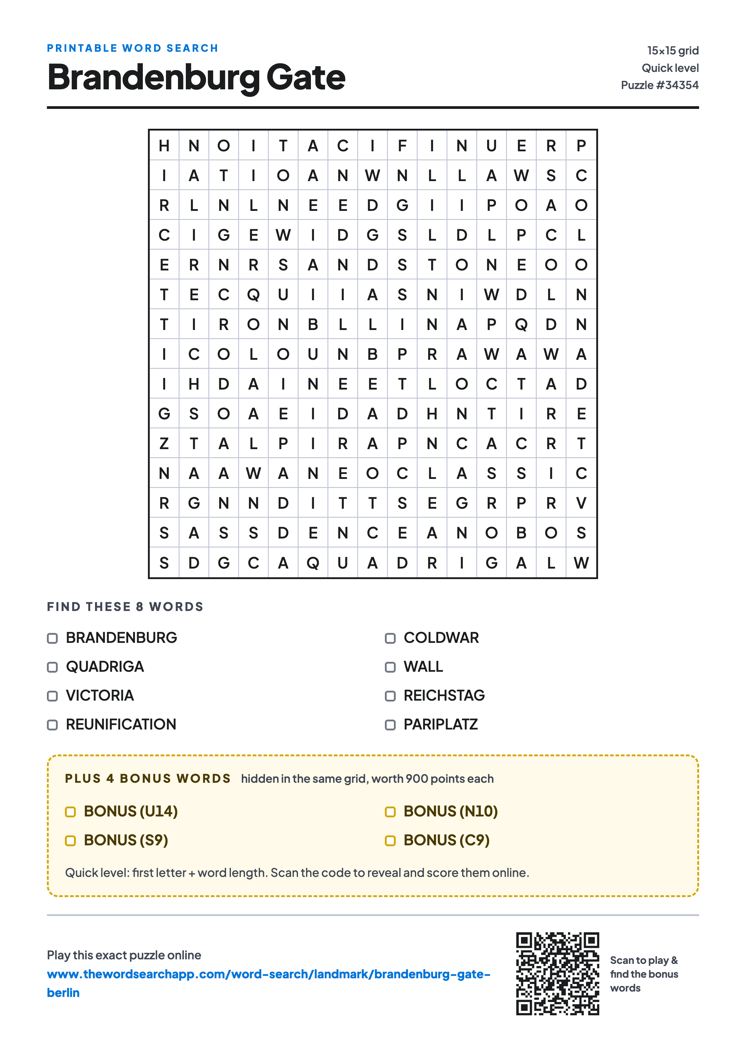 Printable Brandenburg Gate word search — 15×15 letter grid with 8 words to find including BRANDENBURG, QUADRIGA, VICTORIA, plus 4 hidden bonus words
