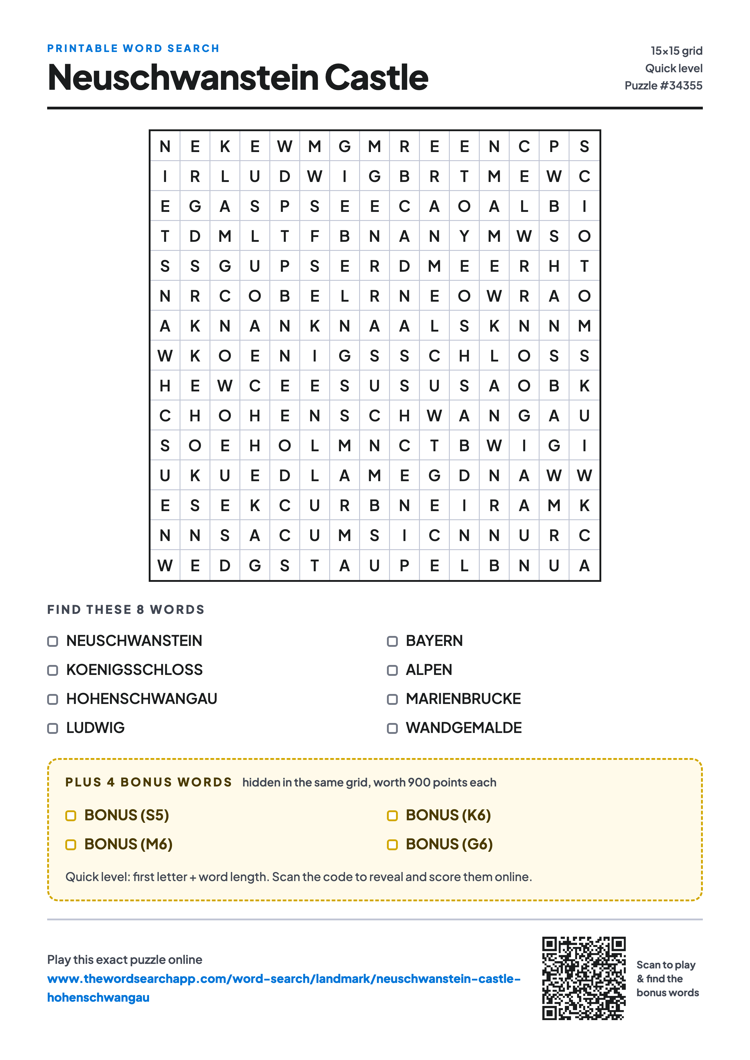 Printable Neuschwanstein Castle word search — 15×15 letter grid with 8 words to find including NEUSCHWANSTEIN, KOENIGSSCHLOSS, HOHENSCHWANGAU, plus 4 hidden bonus words