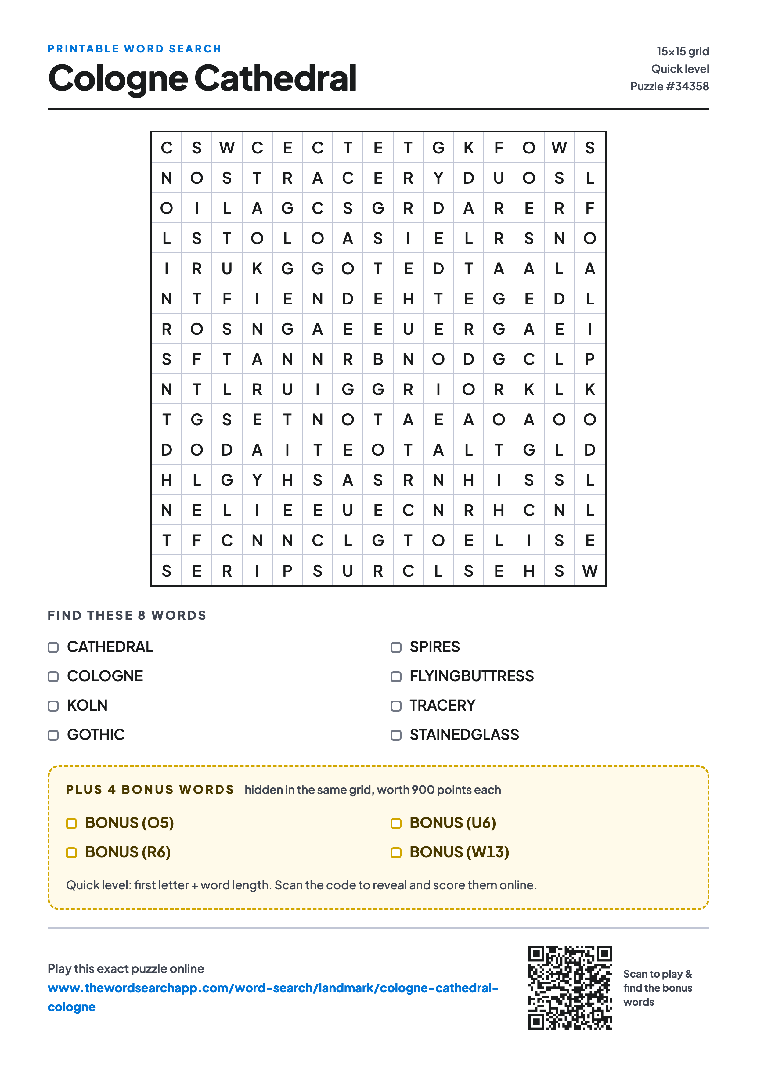 Printable Cologne Cathedral word search — 15×15 letter grid with 8 words to find including CATHEDRAL, COLOGNE, KOLN, plus 4 hidden bonus words
