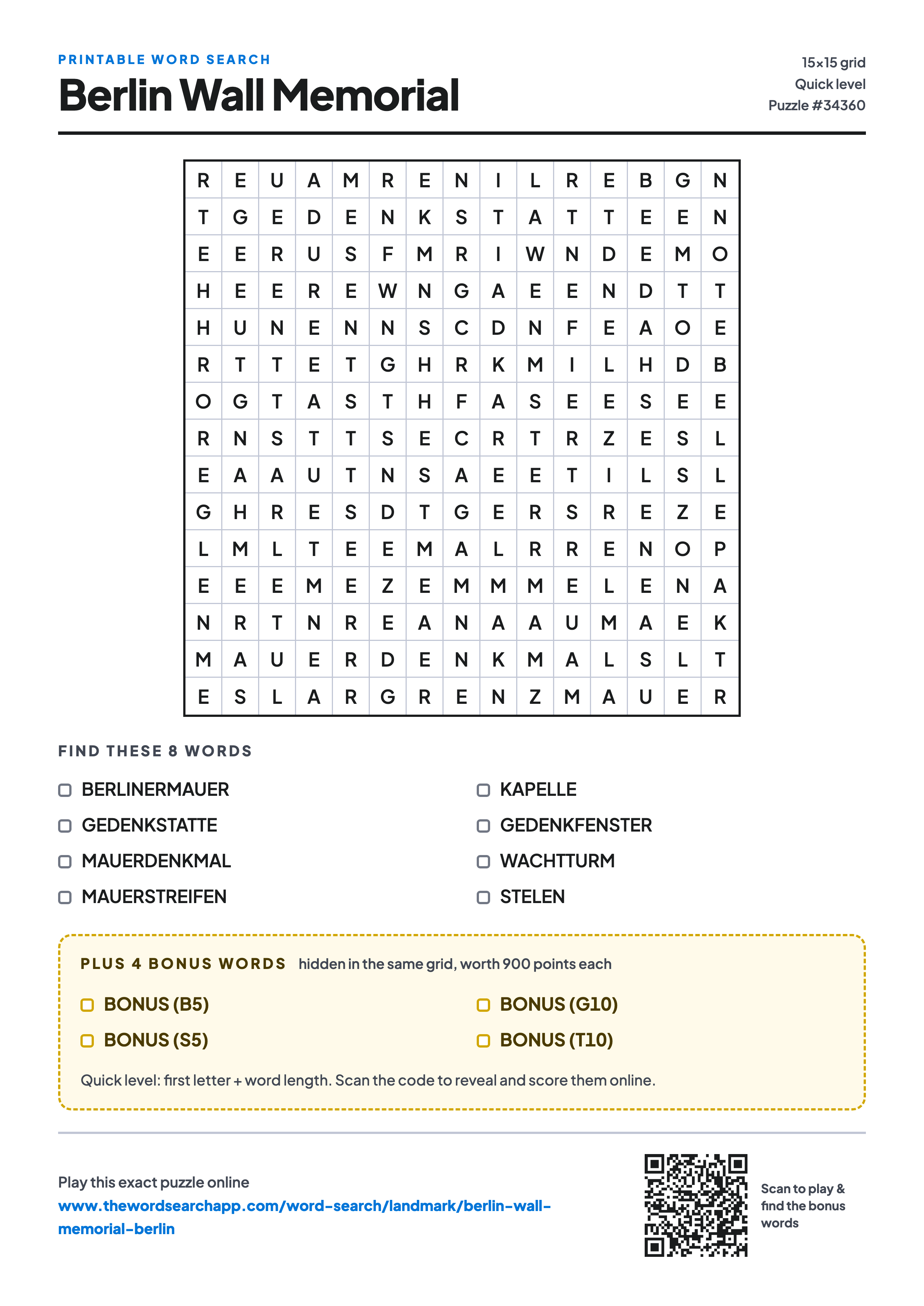 Printable Berlin Wall Memorial word search — 15×15 letter grid with 8 words to find including BERLINERMAUER, GEDENKSTATTE, MAUERDENKMAL, plus 4 hidden bonus words