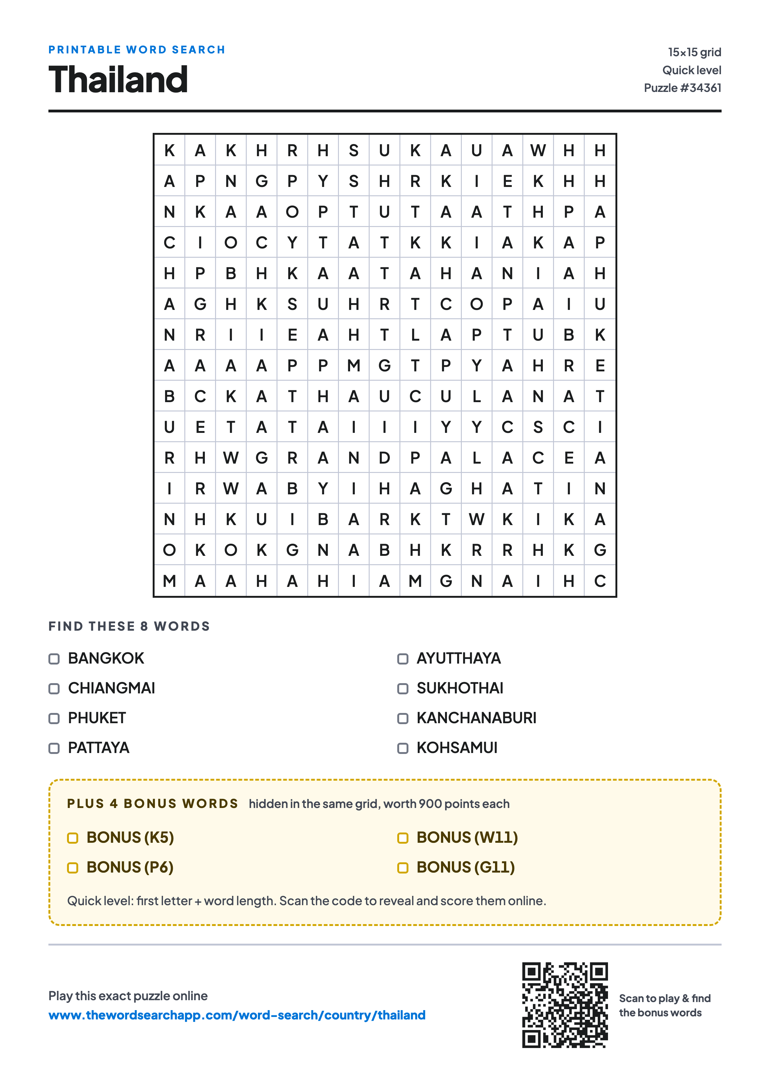 Printable Thailand word search — 15×15 letter grid with 8 words to find including BANGKOK, CHIANGMAI, PHUKET, plus 4 hidden bonus words