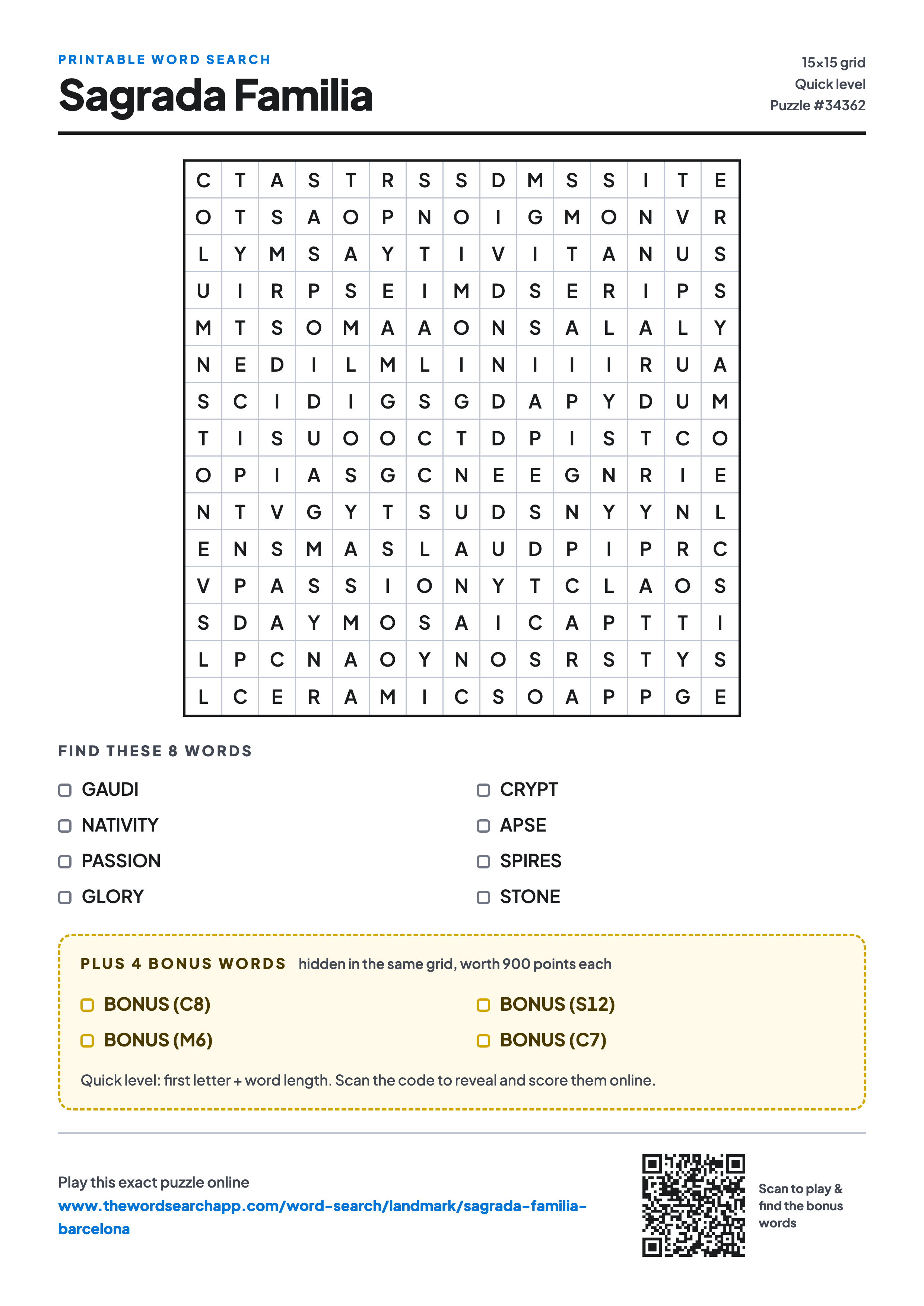 Printable Sagrada Familia word search — 15×15 letter grid with 8 words to find including GAUDI, NATIVITY, PASSION, plus 4 hidden bonus words