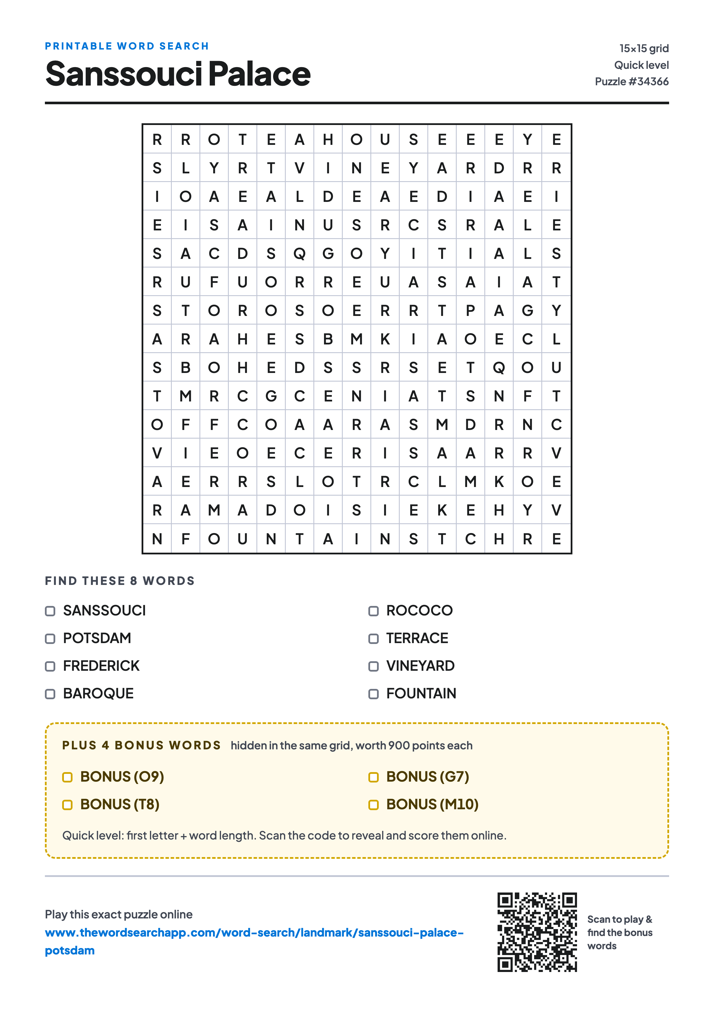 Printable Sanssouci Palace word search — 15×15 letter grid with 8 words to find including SANSSOUCI, POTSDAM, FREDERICK, plus 4 hidden bonus words