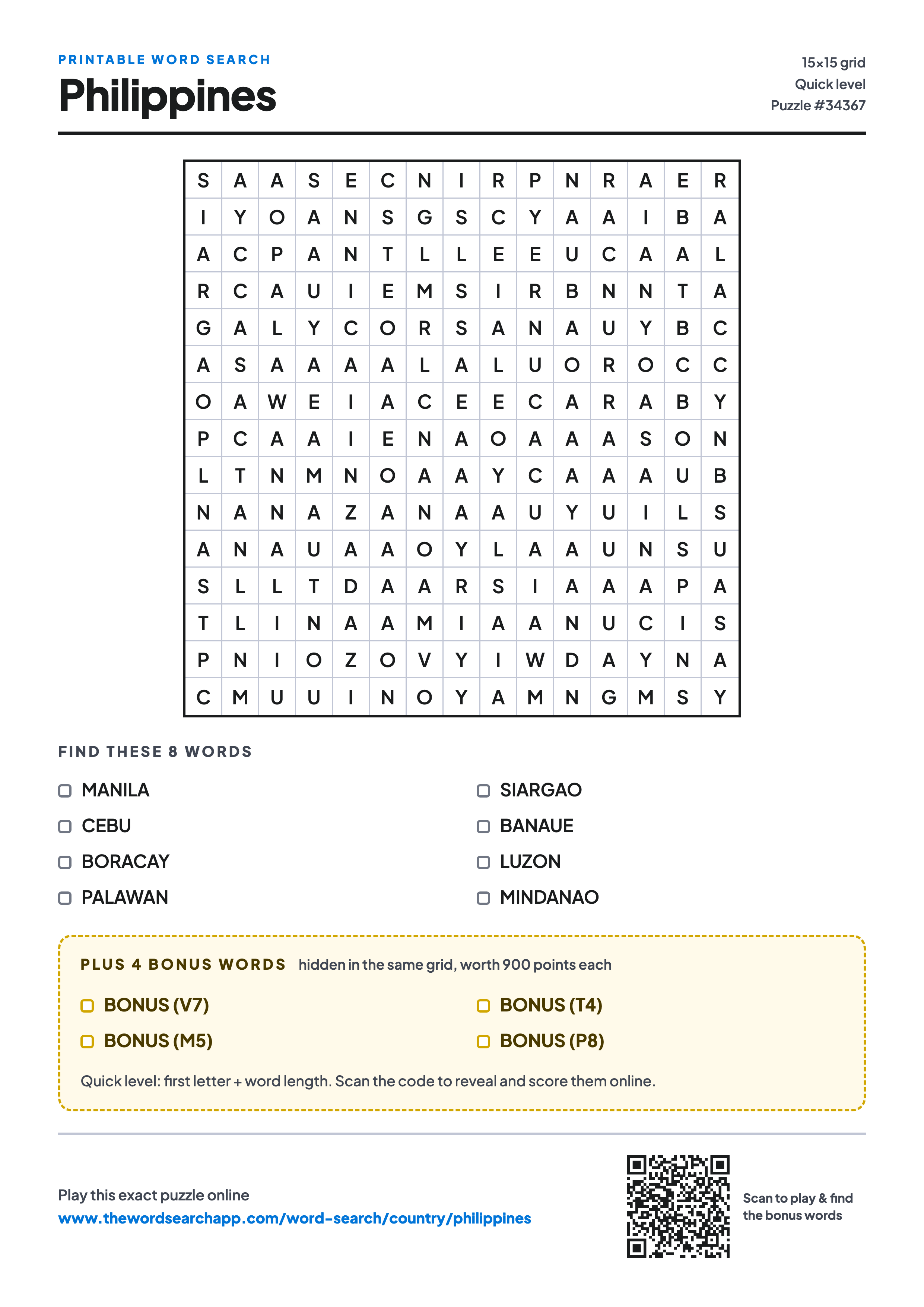 Printable Philippines word search — 15×15 letter grid with 8 words to find including MANILA, CEBU, BORACAY, plus 4 hidden bonus words