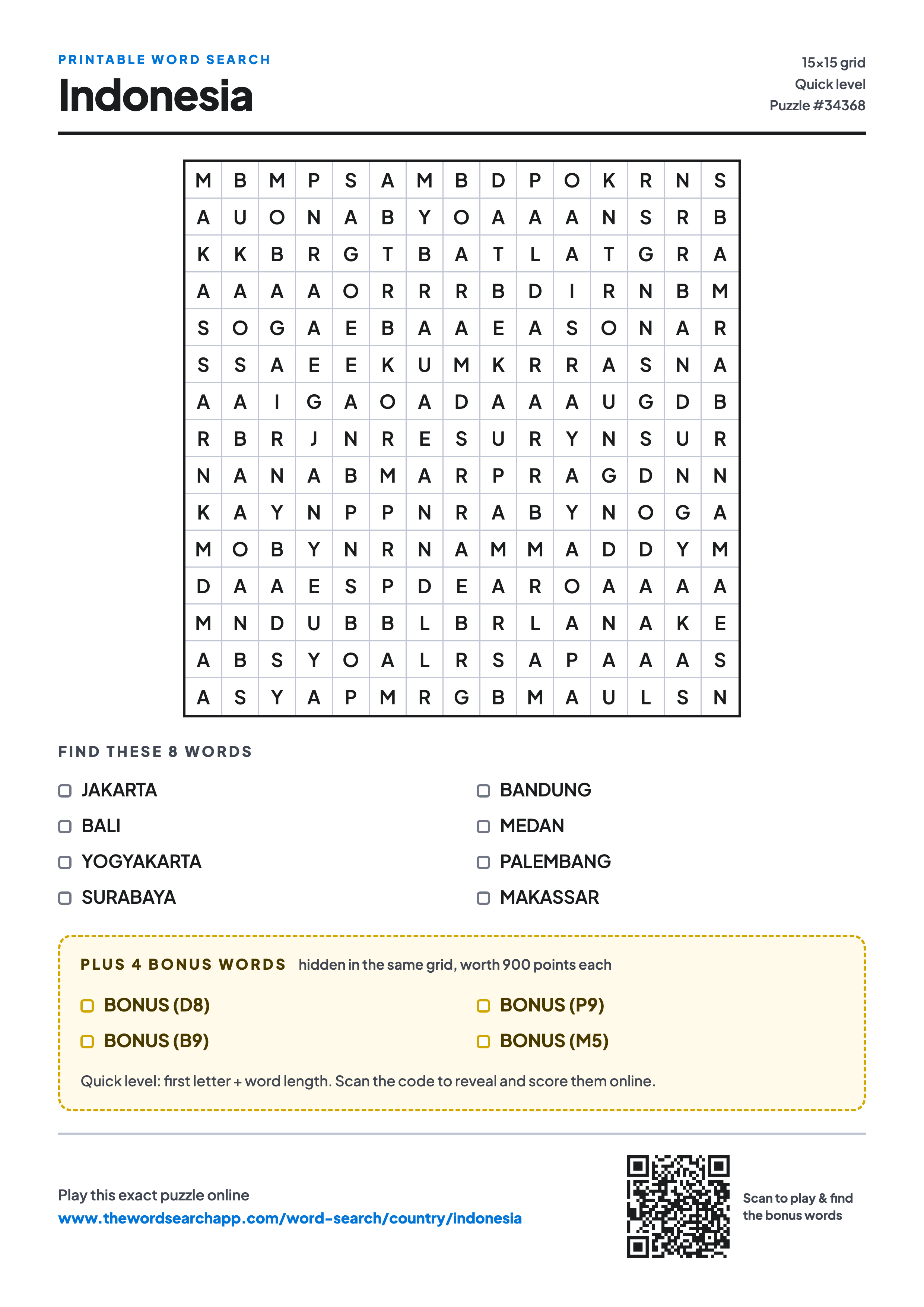 Printable Indonesia word search — 15×15 letter grid with 8 words to find including JAKARTA, BALI, YOGYAKARTA, plus 4 hidden bonus words
