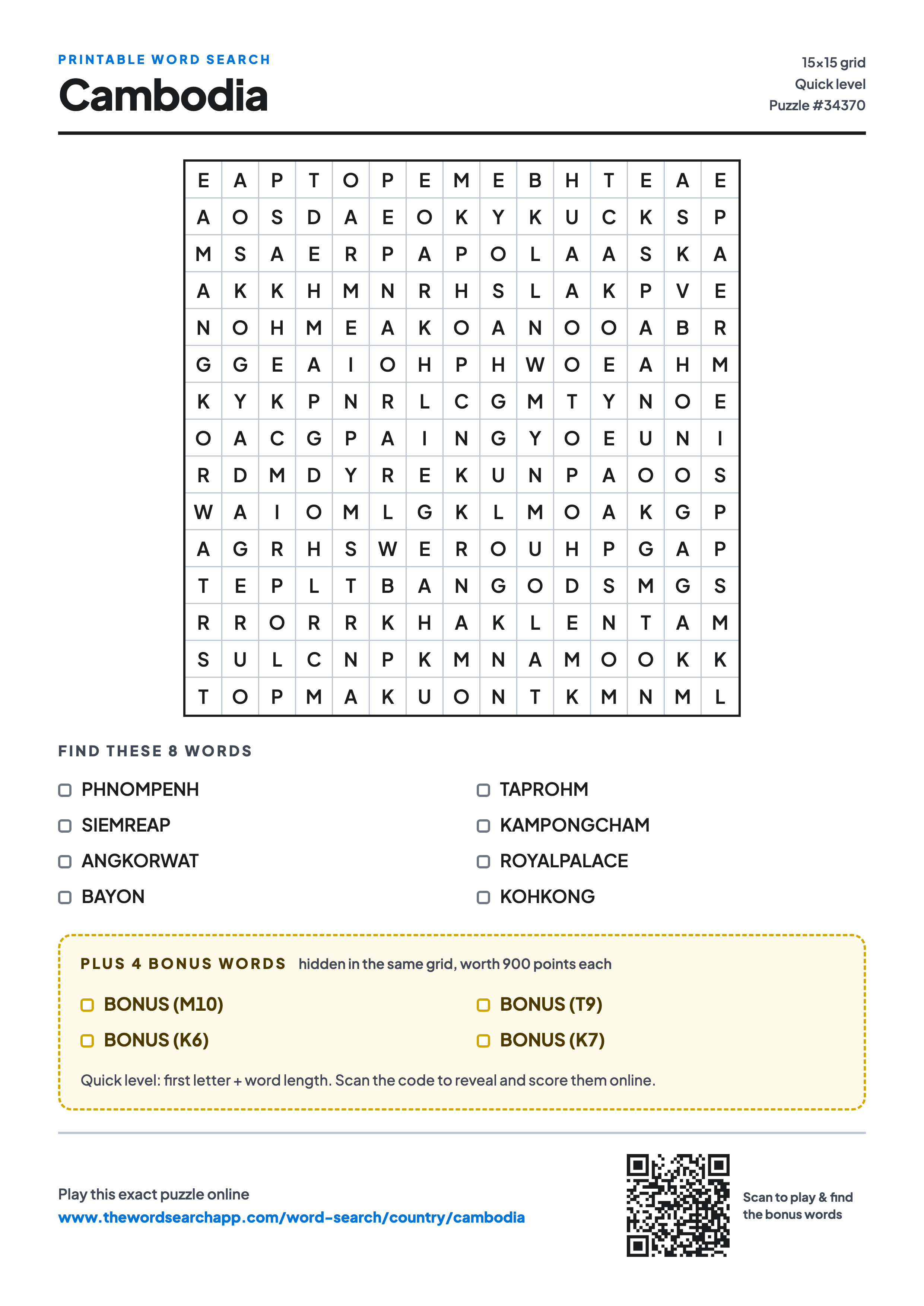 Printable Cambodia word search — 15×15 letter grid with 8 words to find including PHNOMPENH, SIEMREAP, ANGKORWAT, plus 4 hidden bonus words