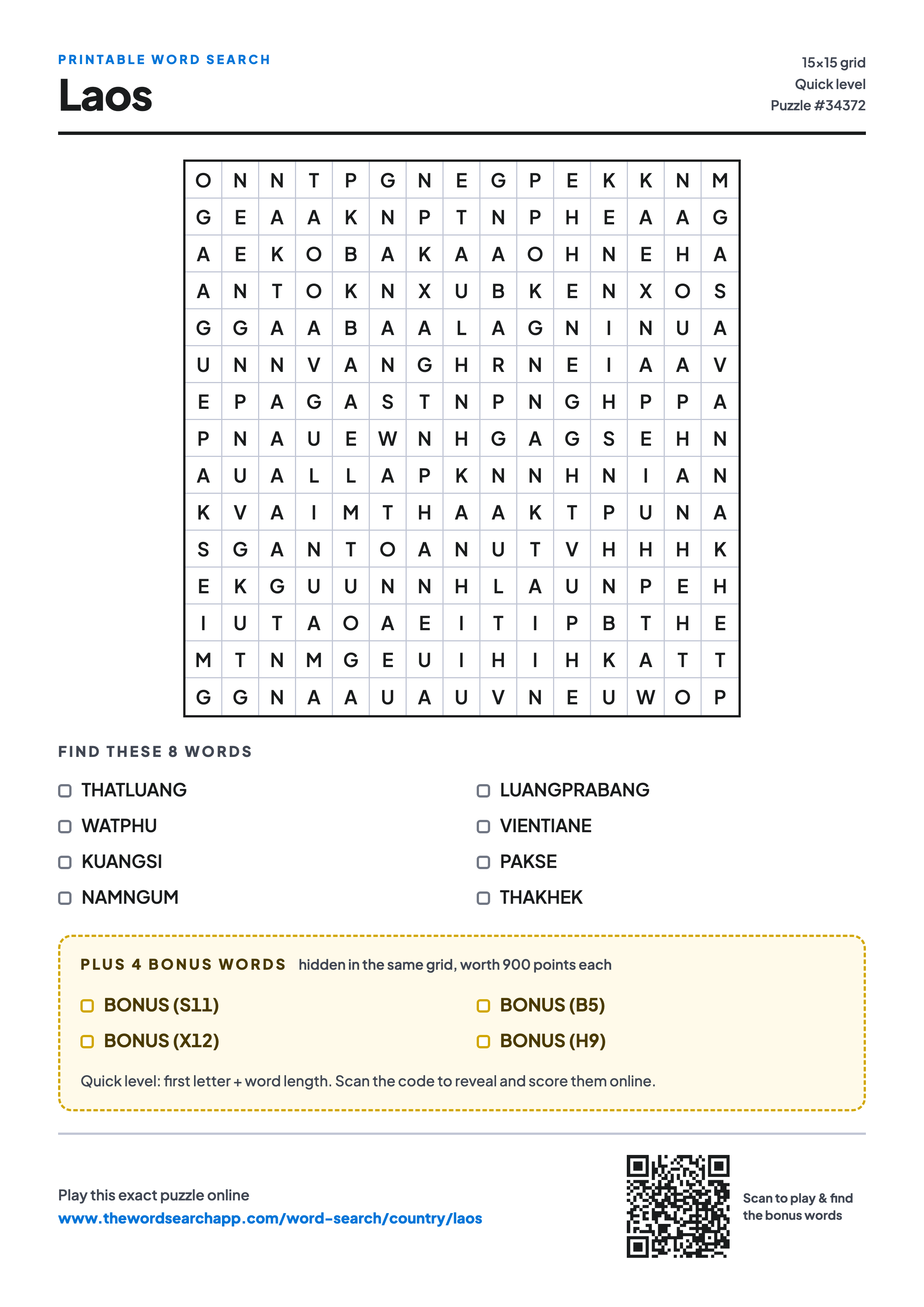 Printable Laos word search — 15×15 letter grid with 8 words to find including THATLUANG, WATPHU, KUANGSI, plus 4 hidden bonus words