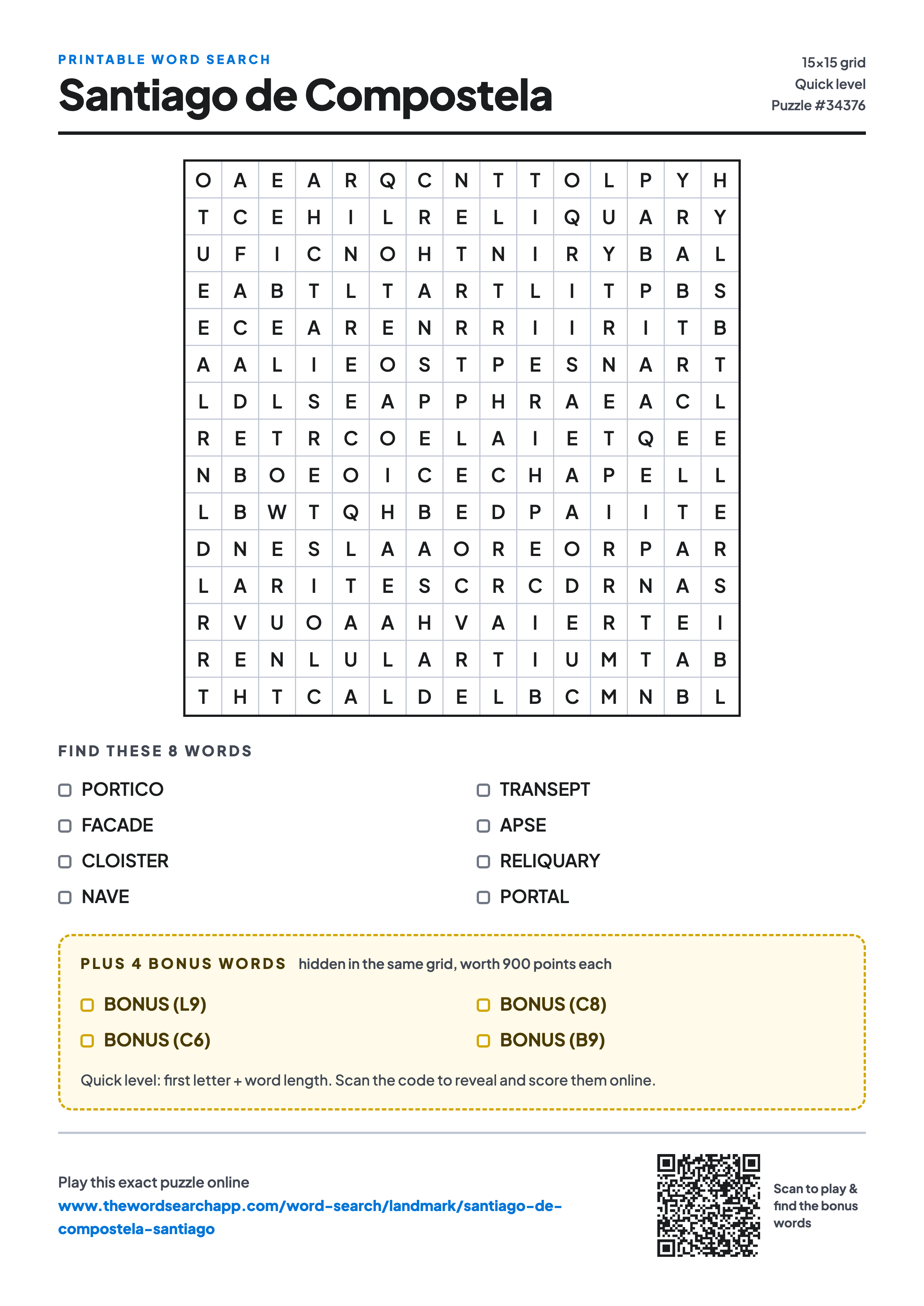 Printable Santiago de Compostela word search — 15×15 letter grid with 8 words to find including PORTICO, FACADE, CLOISTER, plus 4 hidden bonus words