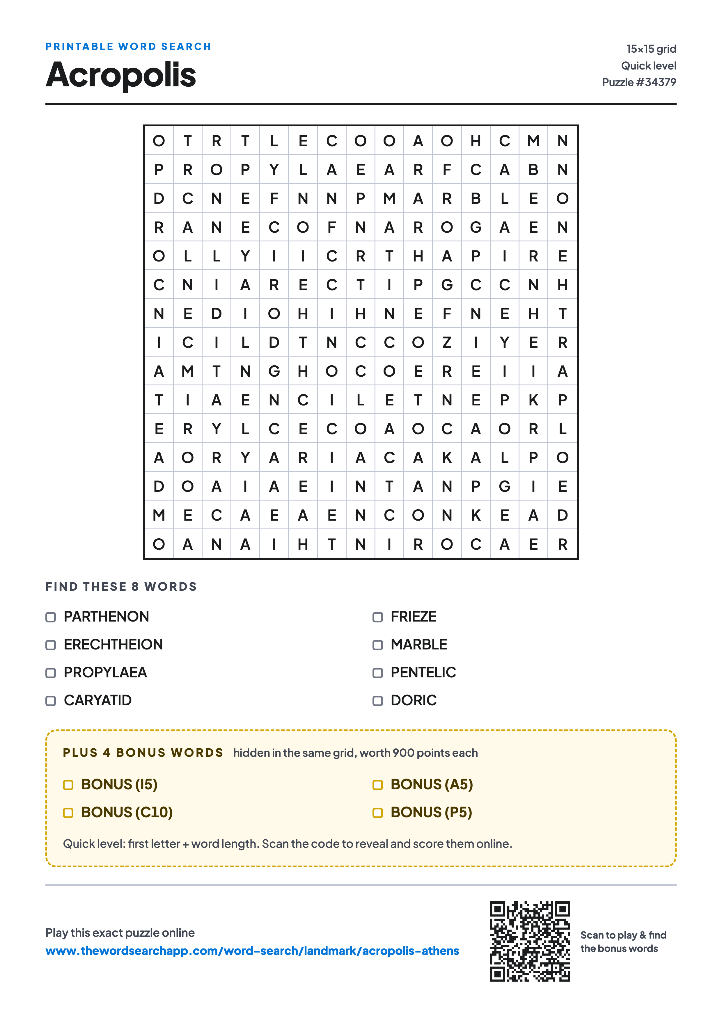 Printable Acropolis word search — 15×15 letter grid with 8 words to find including PARTHENON, ERECHTHEION, PROPYLAEA, plus 4 hidden bonus words