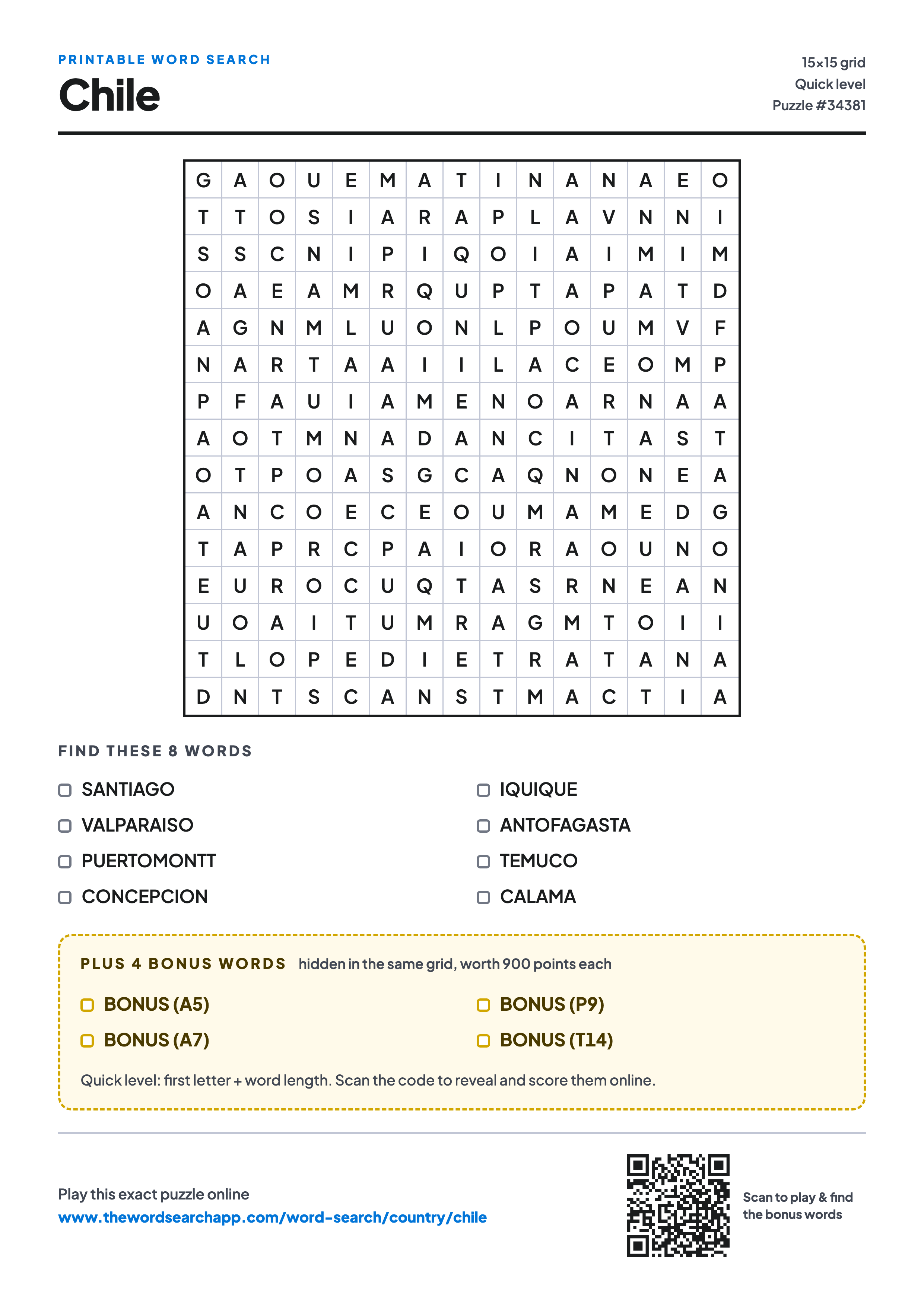 Printable Chile word search — 15×15 letter grid with 8 words to find including SANTIAGO, VALPARAISO, PUERTOMONTT, plus 4 hidden bonus words