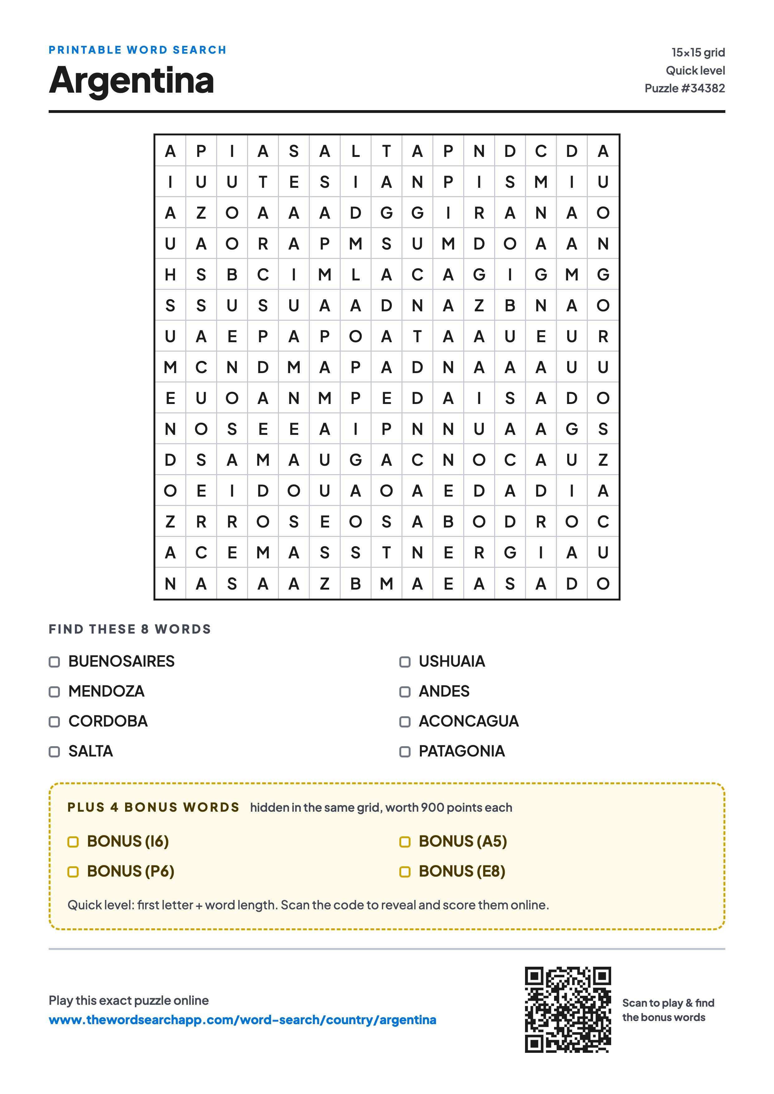 Printable Argentina word search — 15×15 letter grid with 8 words to find including BUENOSAIRES, MENDOZA, CORDOBA, plus 4 hidden bonus words